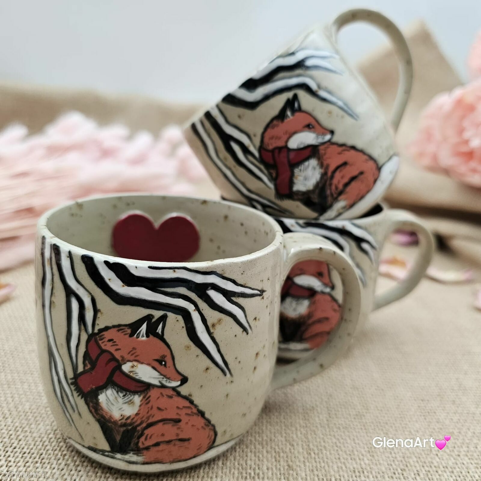 Kubek zimowy Lisek beżowo-piaskowy ceramiczny 300 ml - ręcznie toczony i malowany
