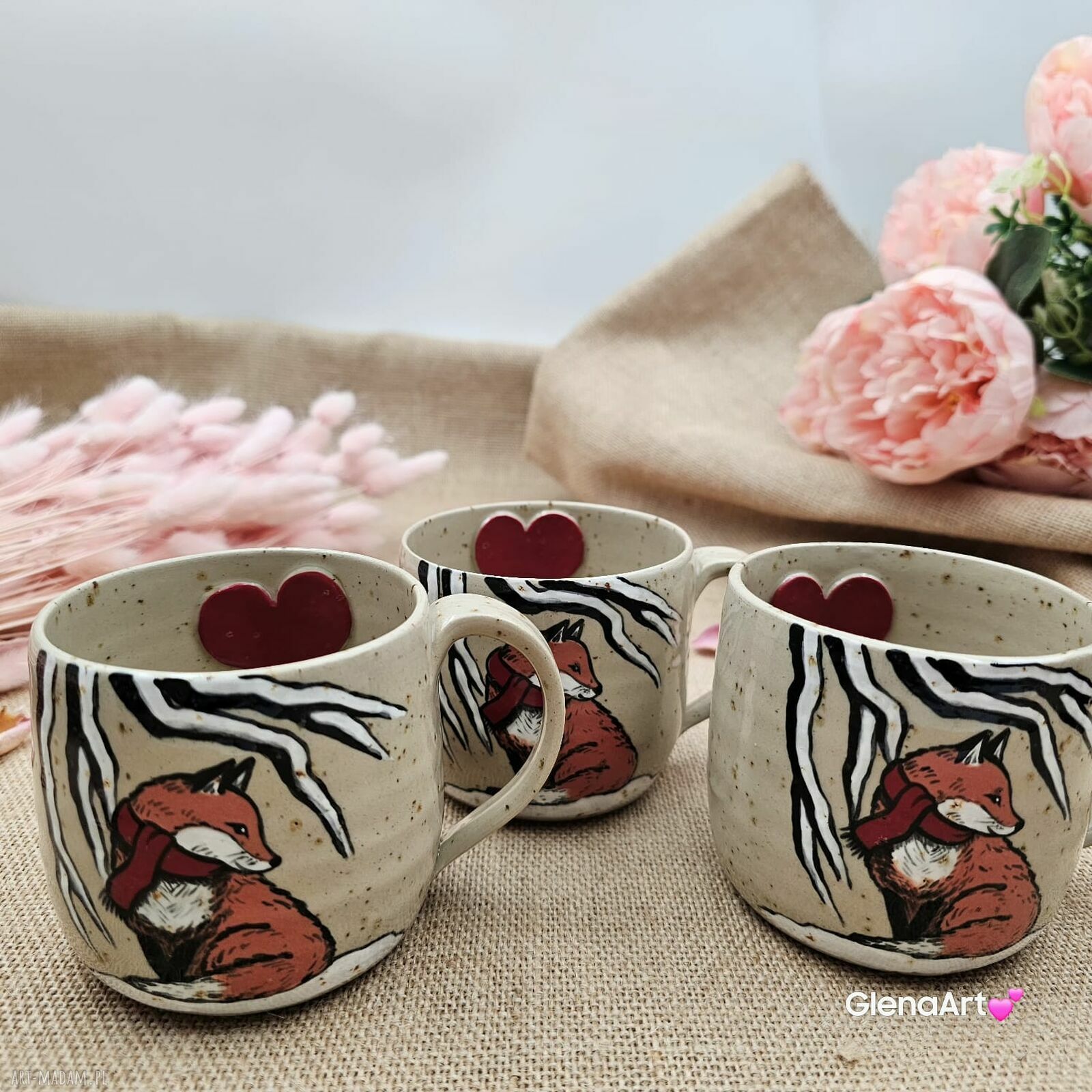 Kubek zimowy Lisek beżowo-piaskowy ceramiczny 300 ml - ręcznie toczony i malowany