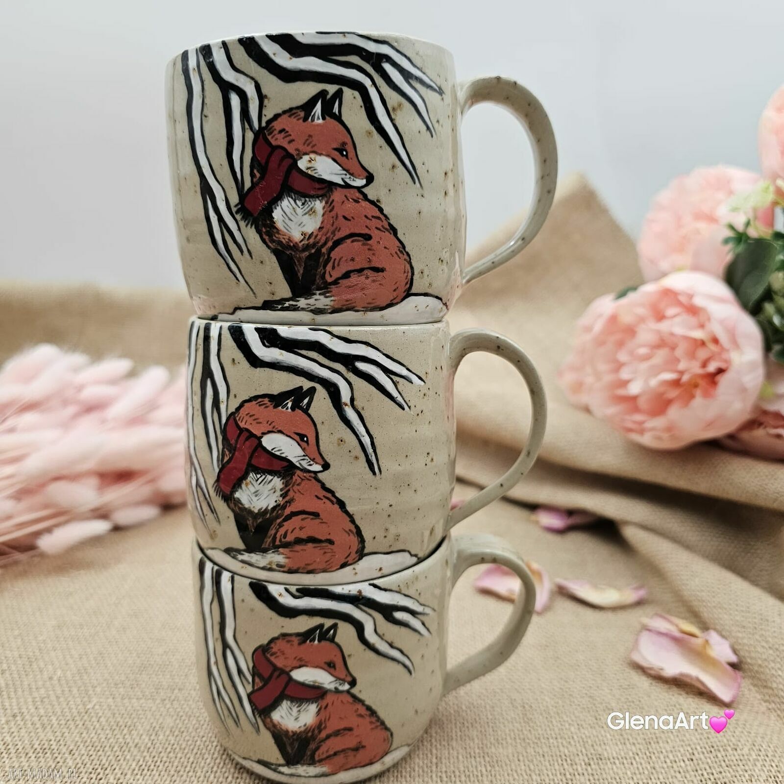 Kubek zimowy Lisek beżowo-piaskowy ceramiczny 300 ml - ręcznie toczony i malowany