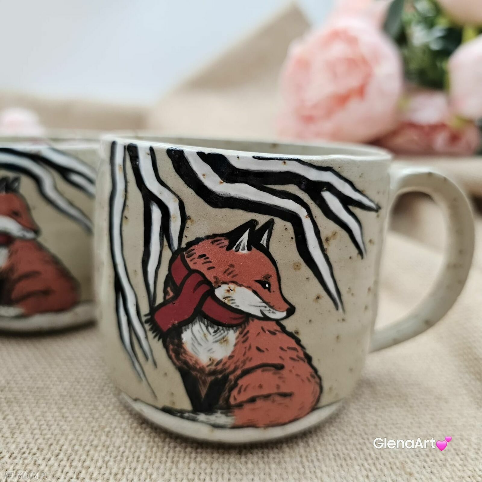 Kubek zimowy Lisek beżowo-piaskowy ceramiczny 300 ml - ręcznie toczony i malowany