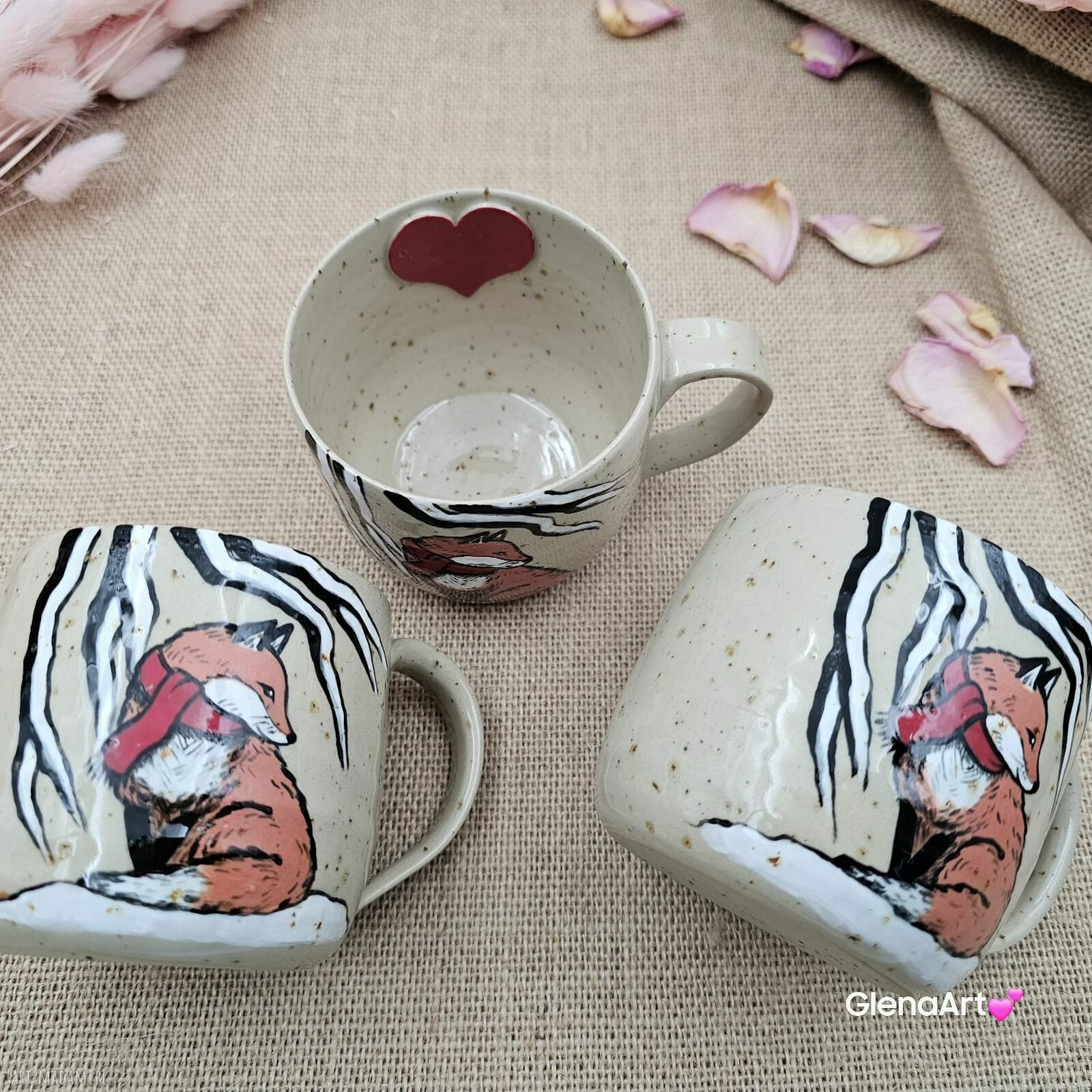 Kubek zimowy Lisek beżowo-piaskowy ceramiczny 300 ml - ręcznie toczony i malowany