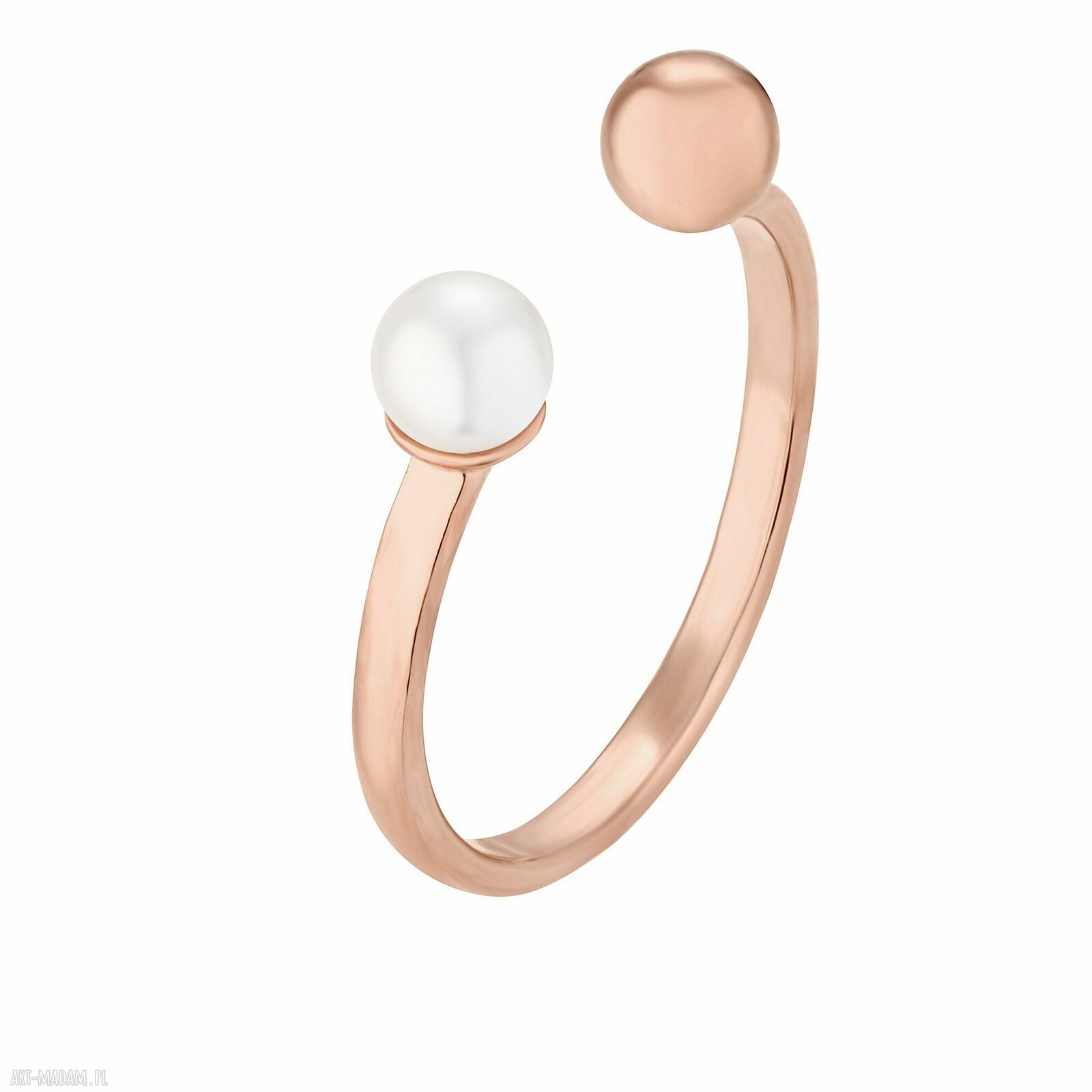 Pierścionek różowego złota kuleczką białą perłą różo