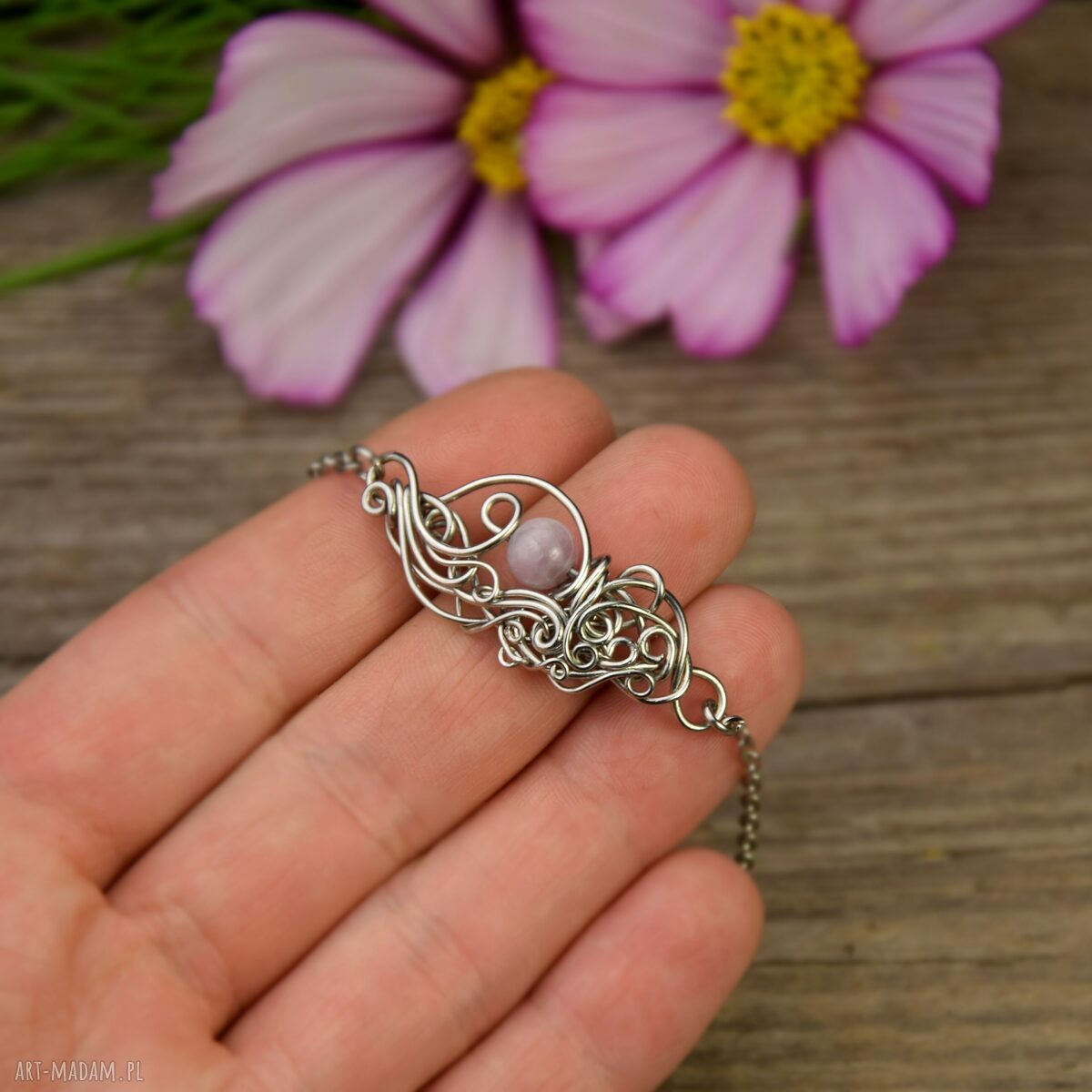 Ręcznie robiona bransoletka z kunzytem - wire wrapping ze stali chirurgicznej