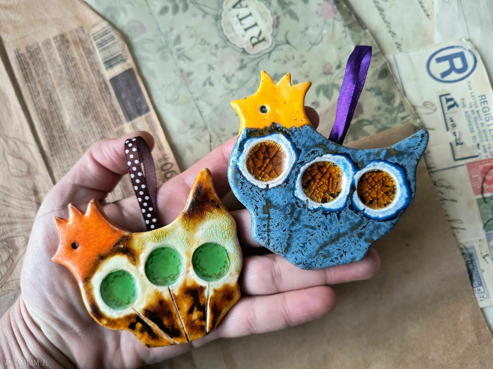 Kurki ze szklanymi kwiatkami - ceramiczny zestaw 2 szt. na Wielkanoc