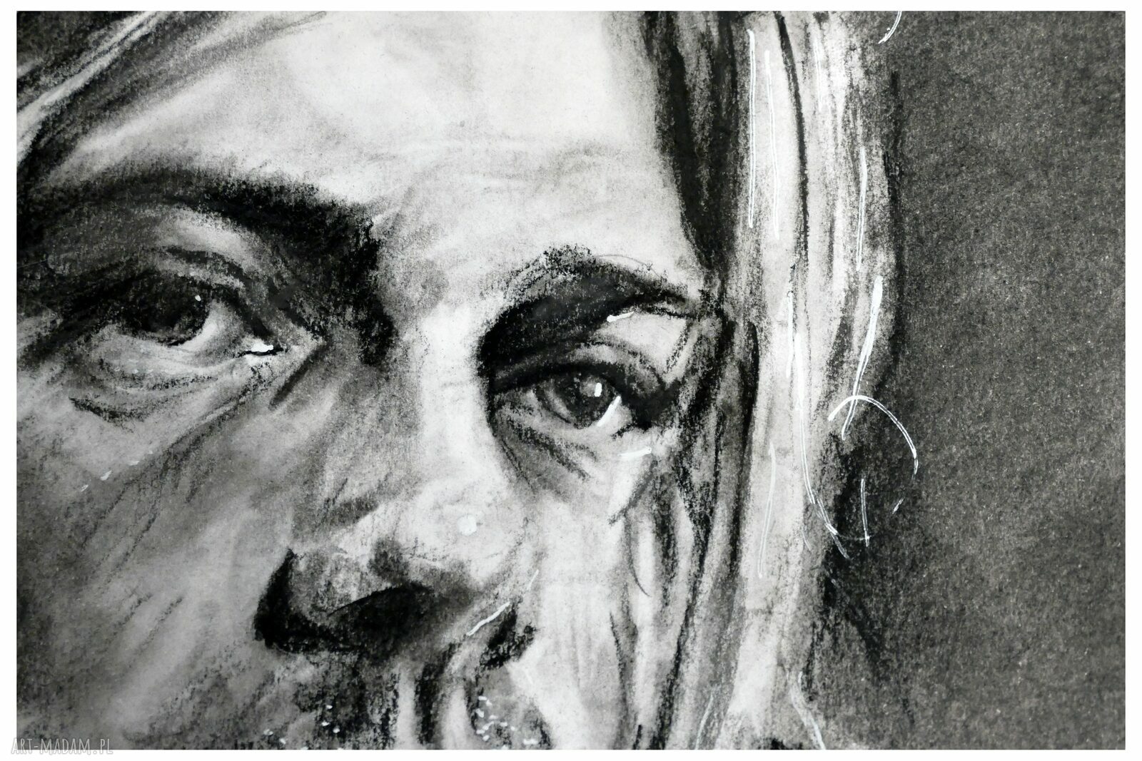 Portret Kurta Cobaina - rysunek węglowy A3 "Seria Ikony" na prezent dla fana muzyki