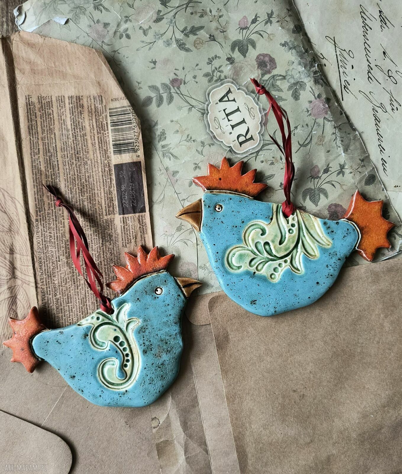 Niebieskie nakrapiane kurki wielkanocne - ceramika handmade, zawieszki