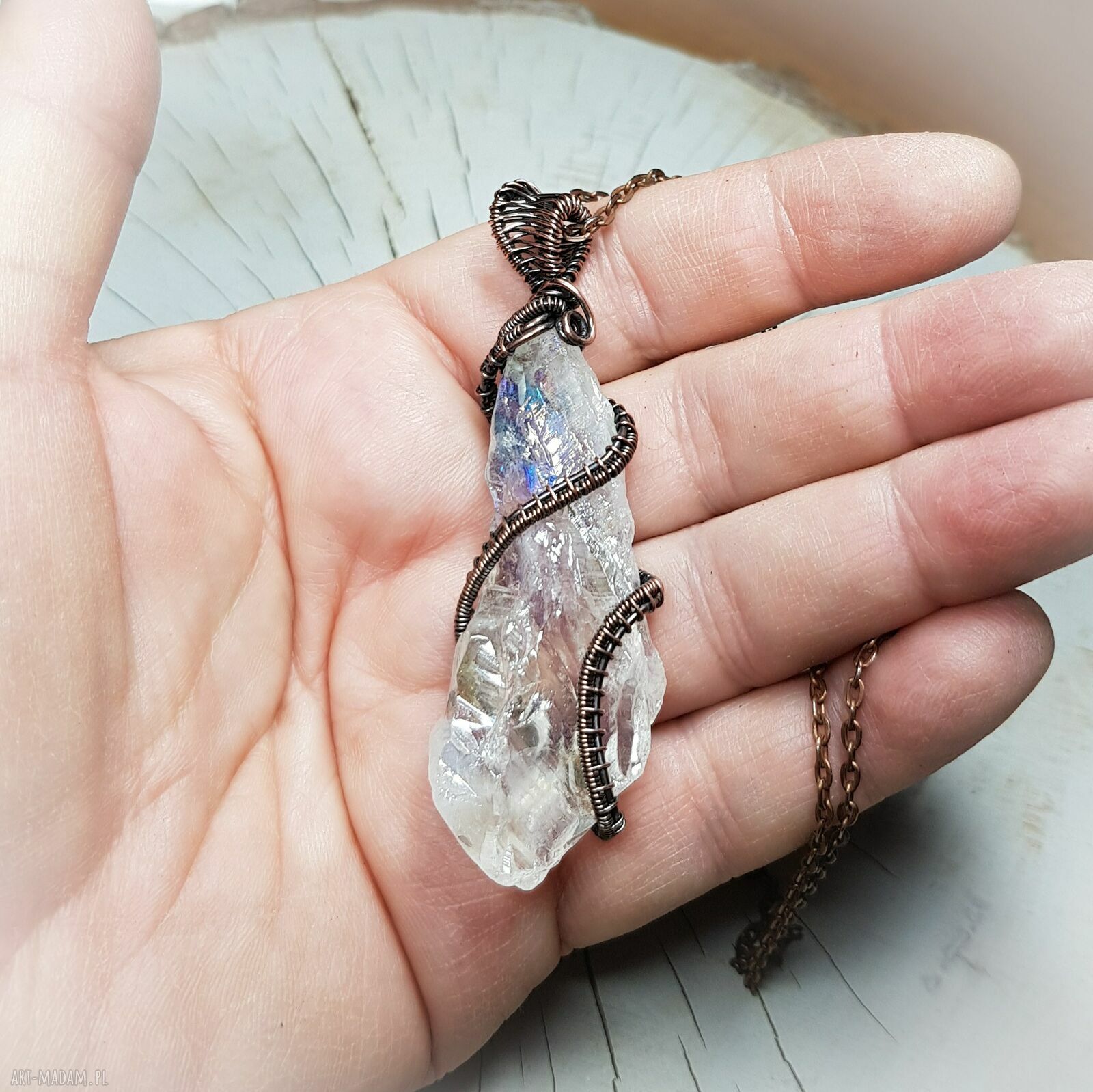 Kwarc anielski M297 - dwustronny wisiorek z kryształem w technice wire wrapping