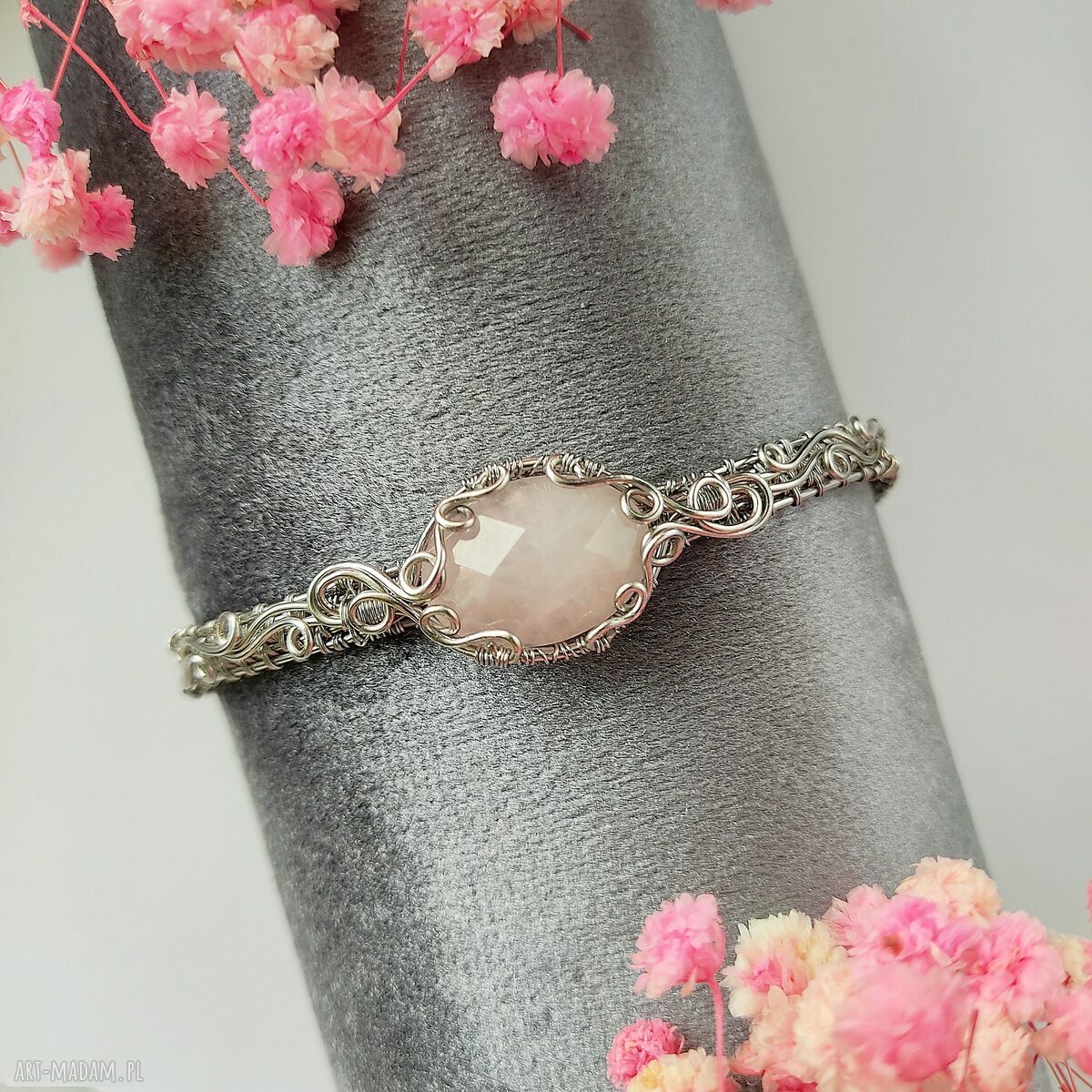 Bransoletka z Kwarcem Różowym - sztywna stal chirurgiczna handmade (wire wrapping)