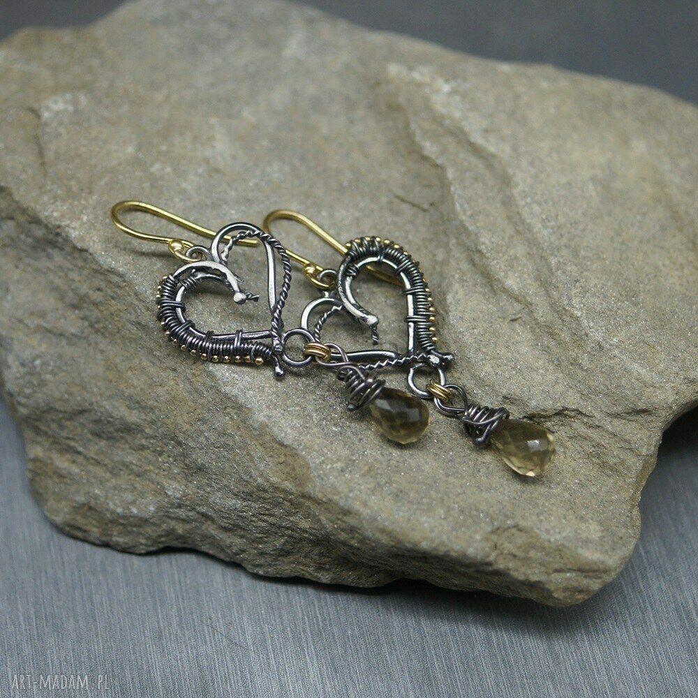 Kolczyki kwarc cognac „Annael” - serduszka wire wrapping
