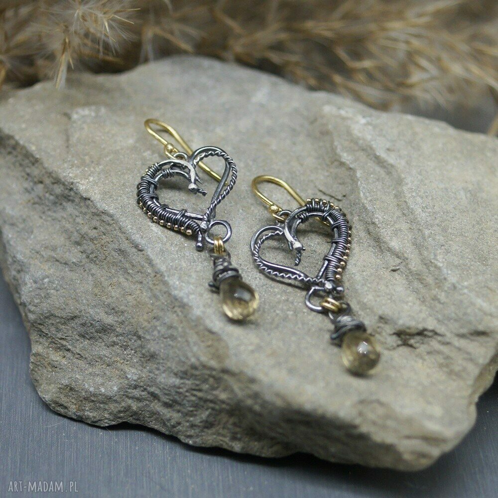 Kolczyki kwarc cognac „Annael” - serduszka wire wrapping