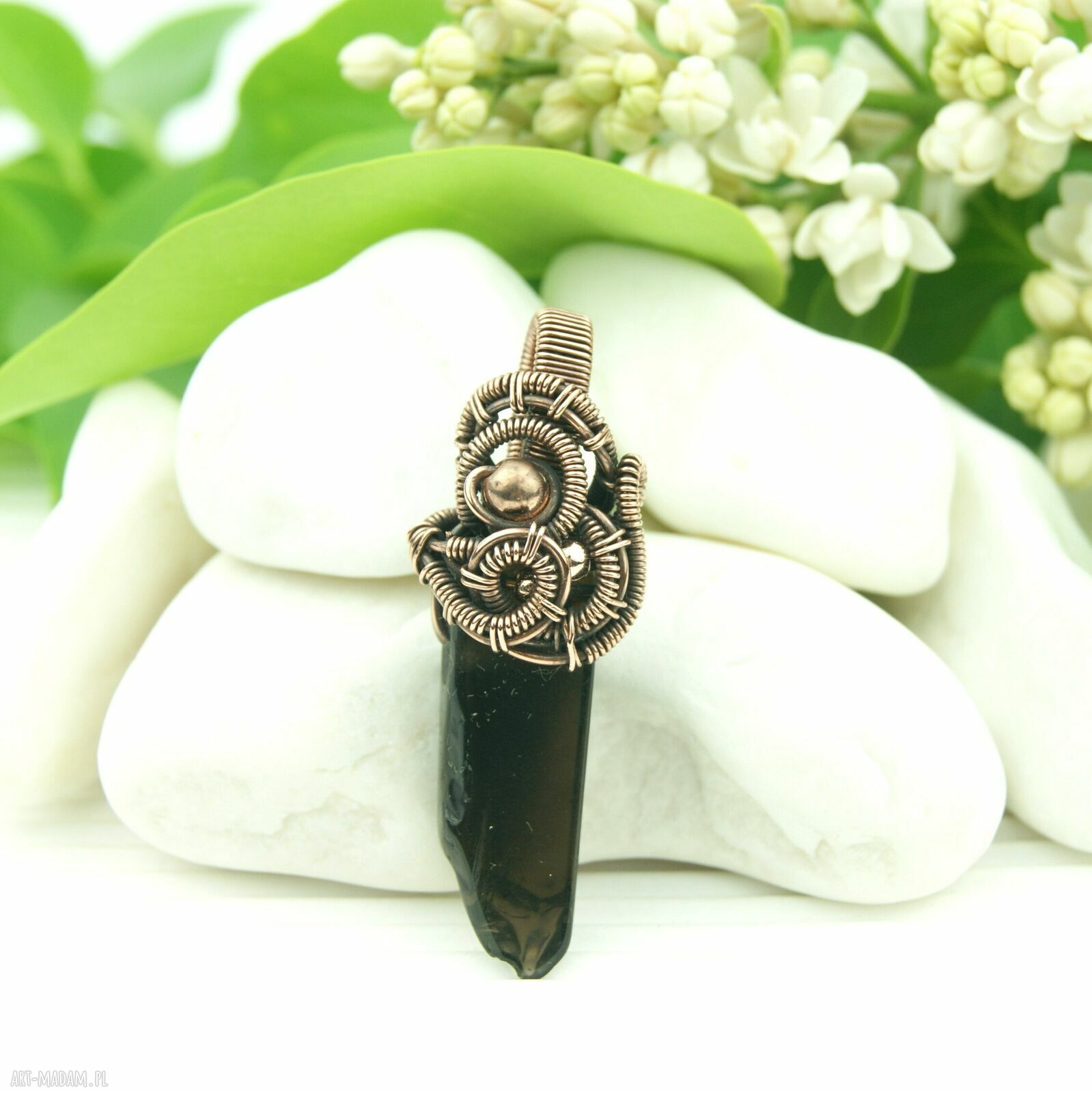 Kwarc dymny - miedziany wisiorek wire wrapping z hematytami