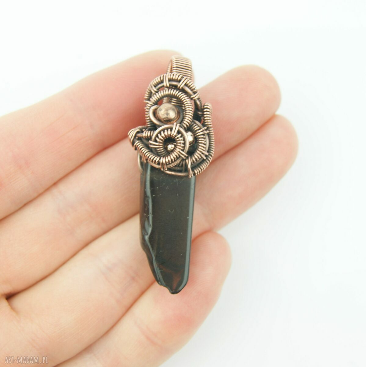 Kwarc dymny - miedziany wisiorek wire wrapping z hematytami