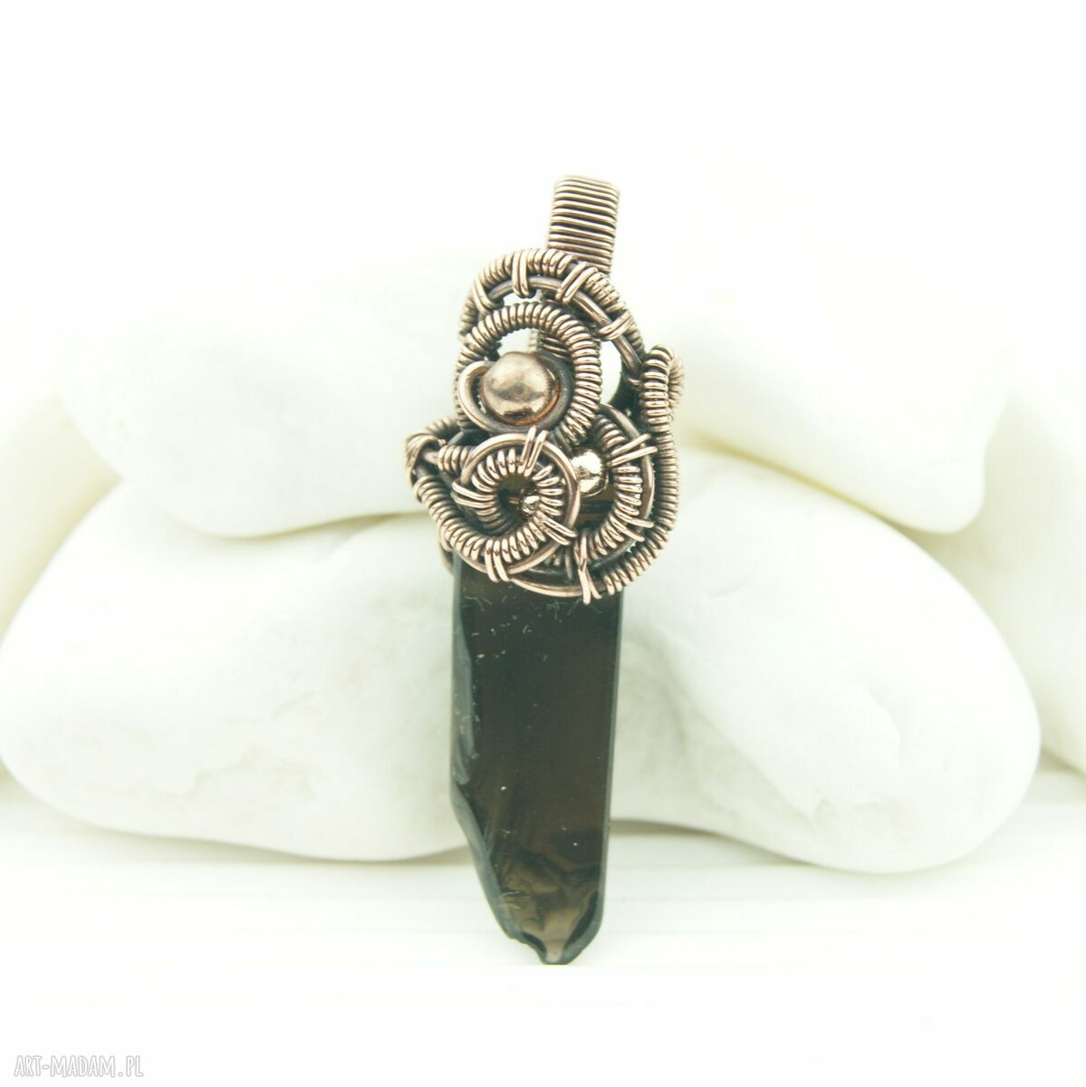 Kwarc dymny - miedziany wisiorek wire wrapping z hematytami