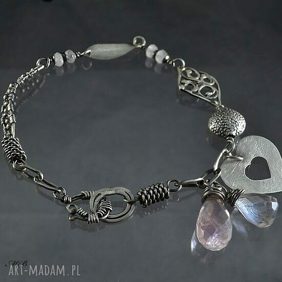 Bransoletka srebrna z różowym kwarcem - wire wrapping, 20 cm