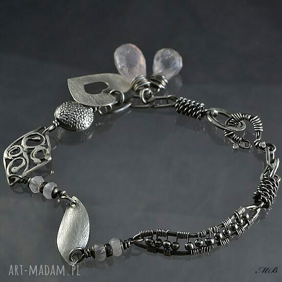 Bransoletka srebrna z różowym kwarcem - wire wrapping, 20 cm