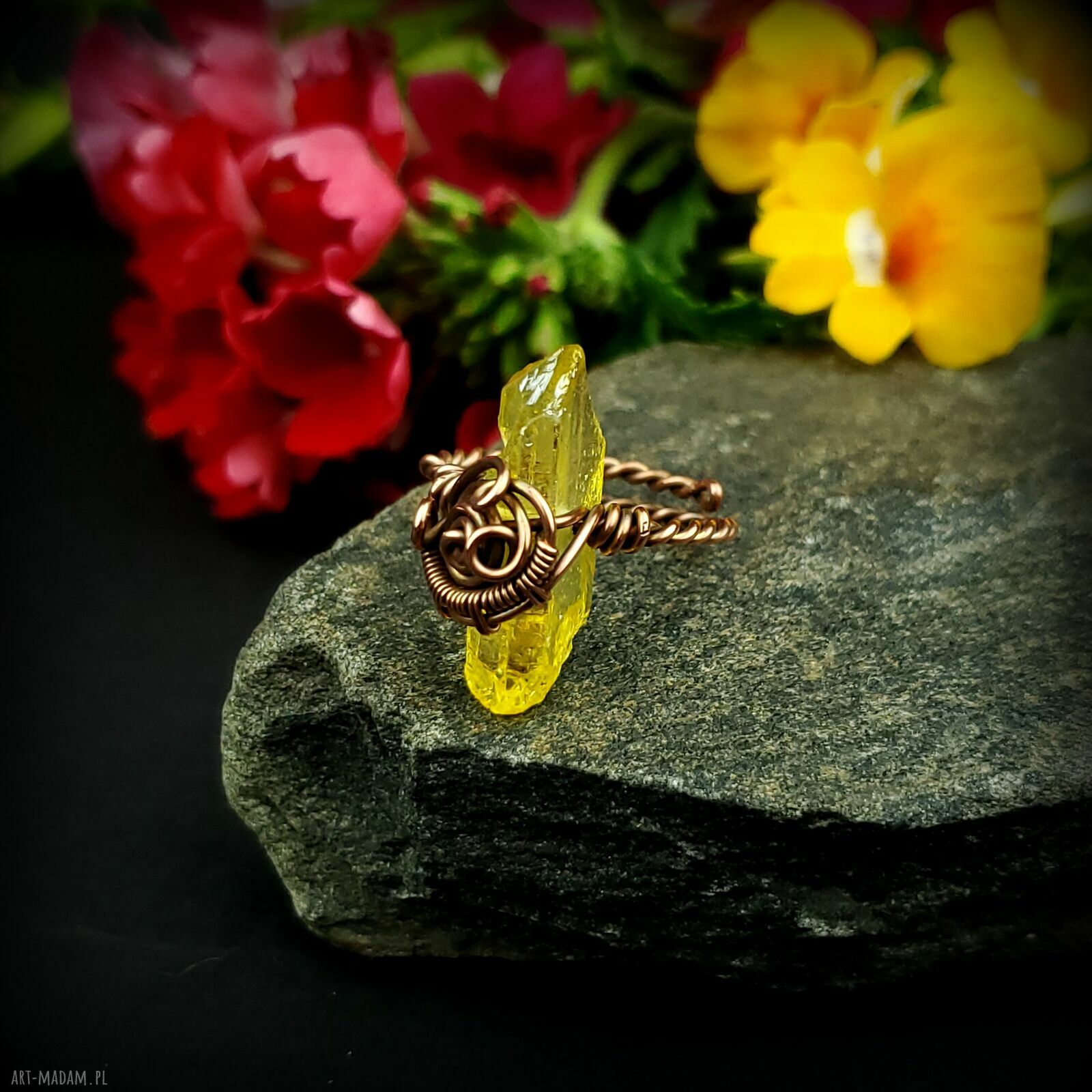 Kwarc tytanowy regulowany pierścionek wire wrapping z miedzi
