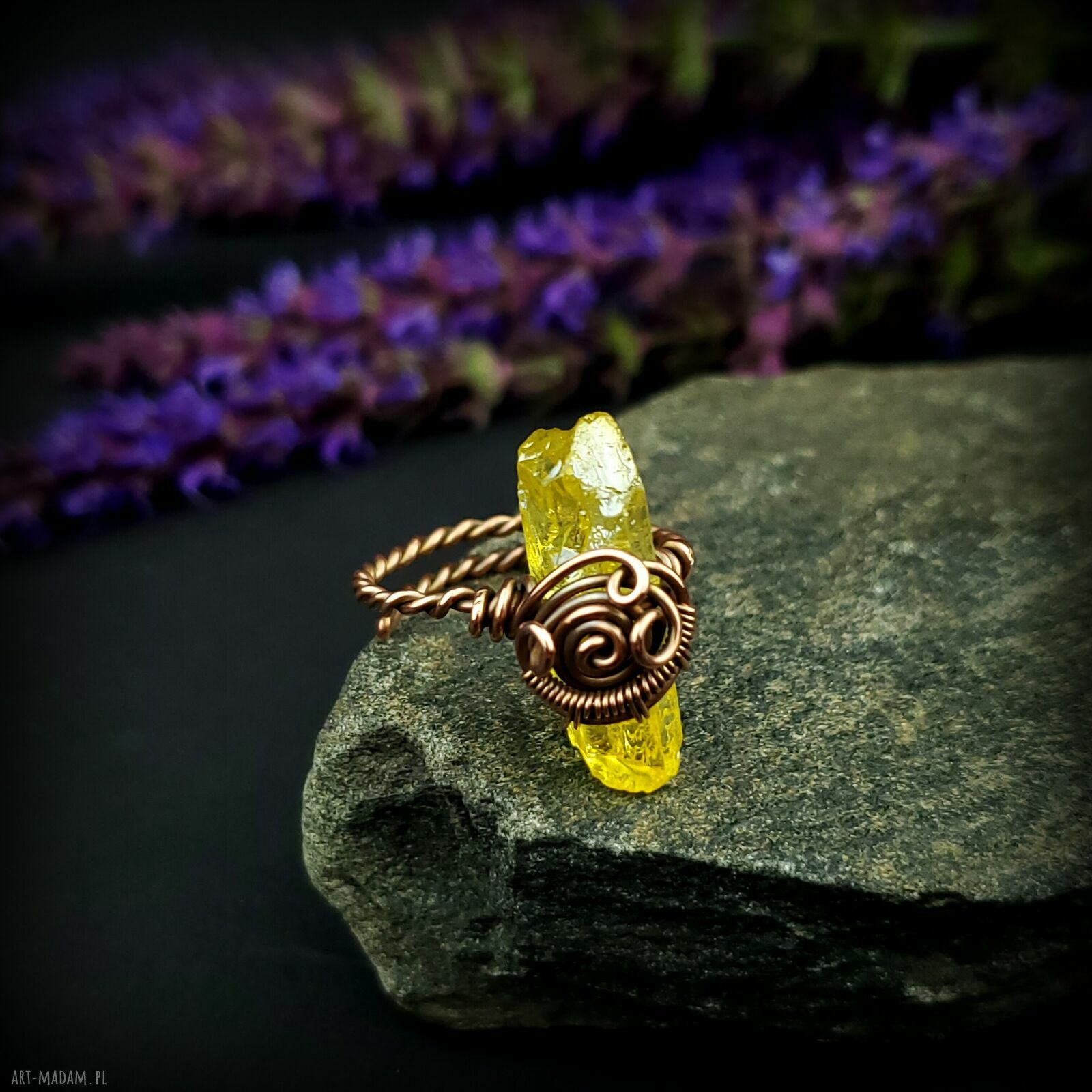 Kwarc tytanowy regulowany pierścionek wire wrapping z miedzi