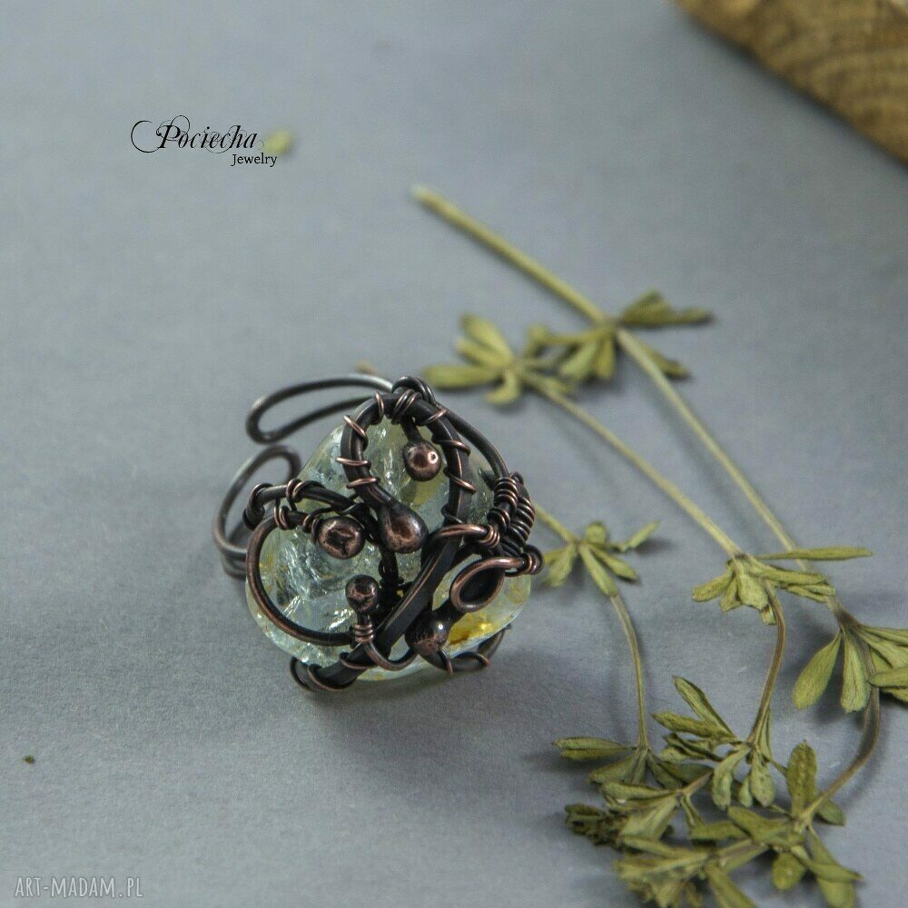 Miedziany pierścionek z kwarcem i rutylem - wire wrapping