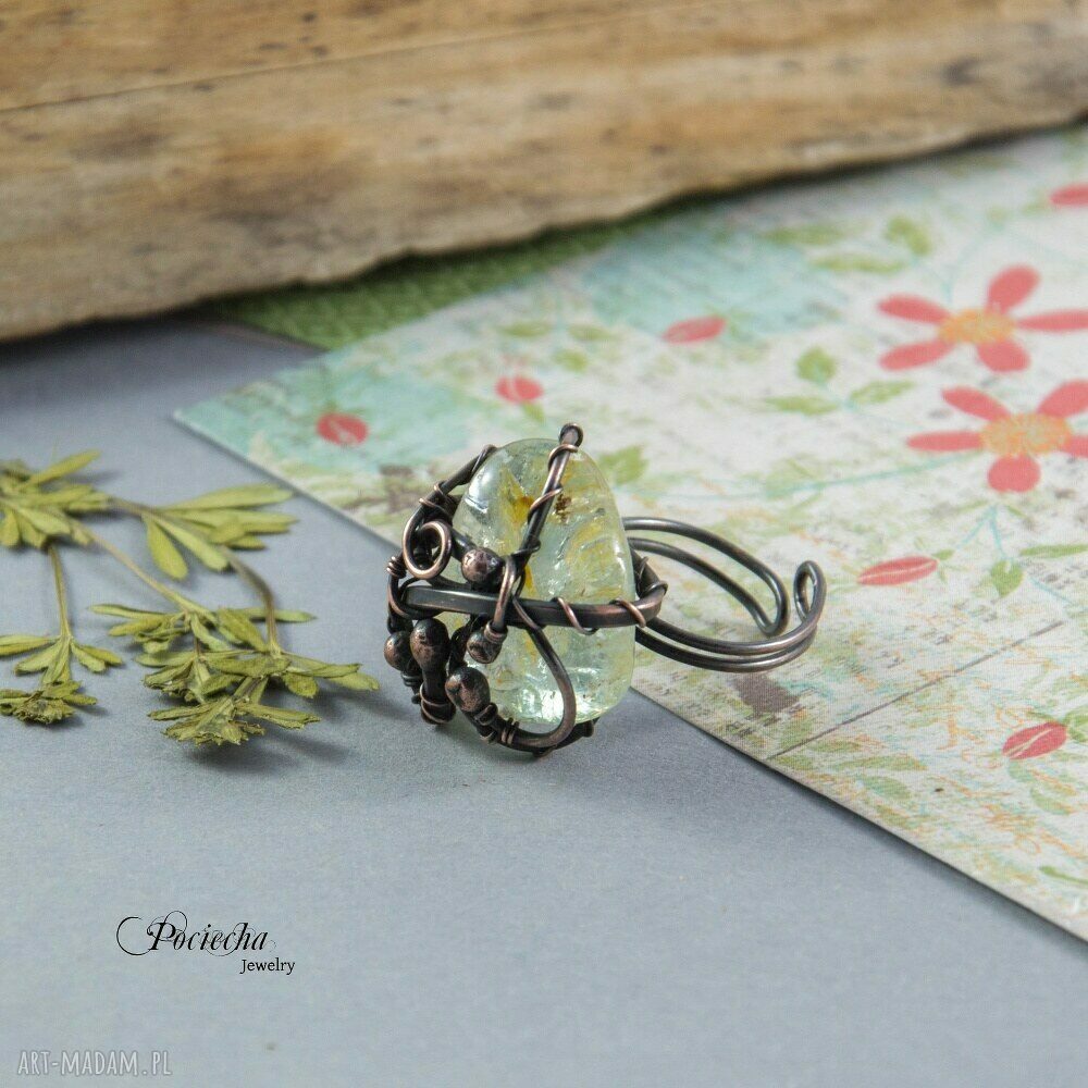 Miedziany pierścionek z kwarcem i rutylem - wire wrapping