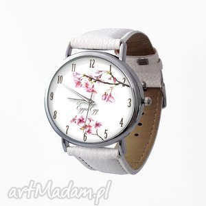 kwiat wiśni - skórzany zegarek z dużą
