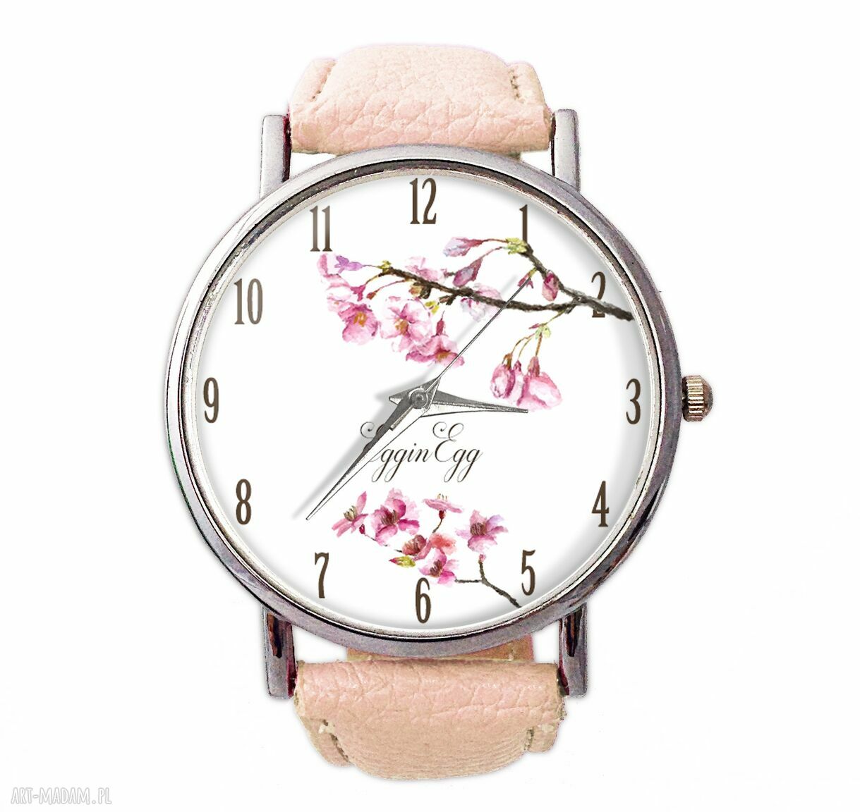 Kwiat wiśni skórzany zegarek dużą tarczą pastelowy orientalny