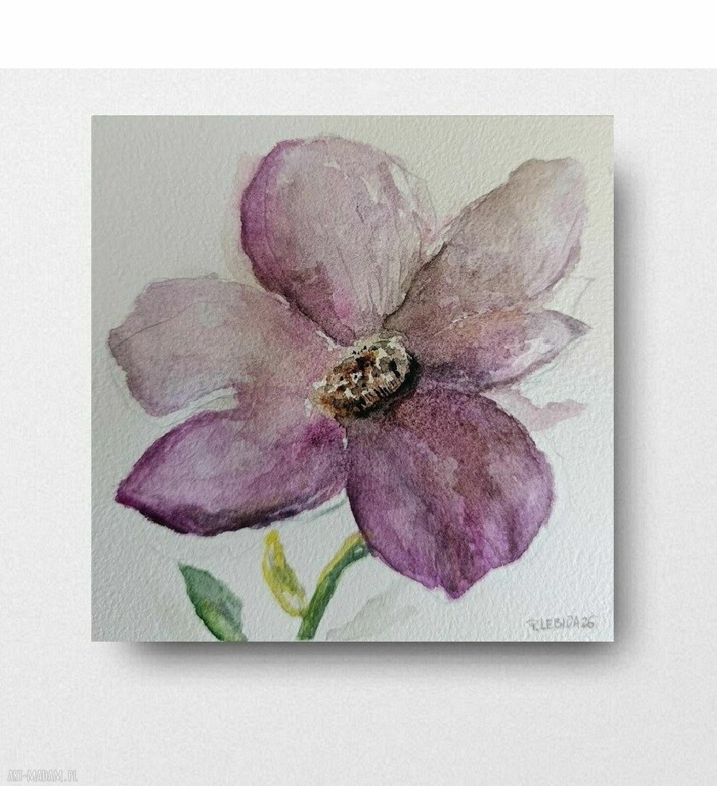 Fioletowy kwiat - oryginalna akwarela 15 x 15 cm