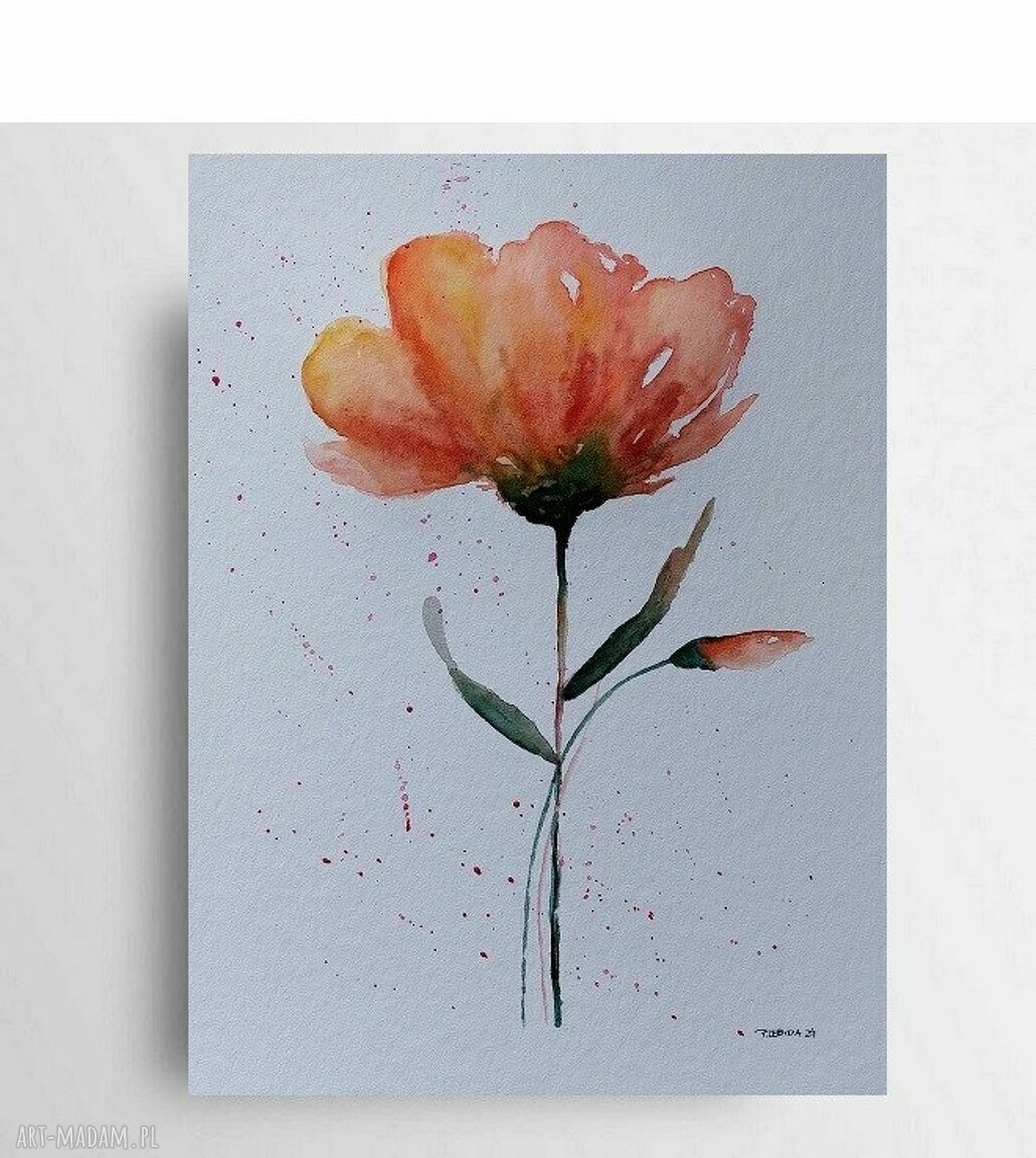 Oryginalna akwarela z kwiatkiem 32x24 cm - sygnowana