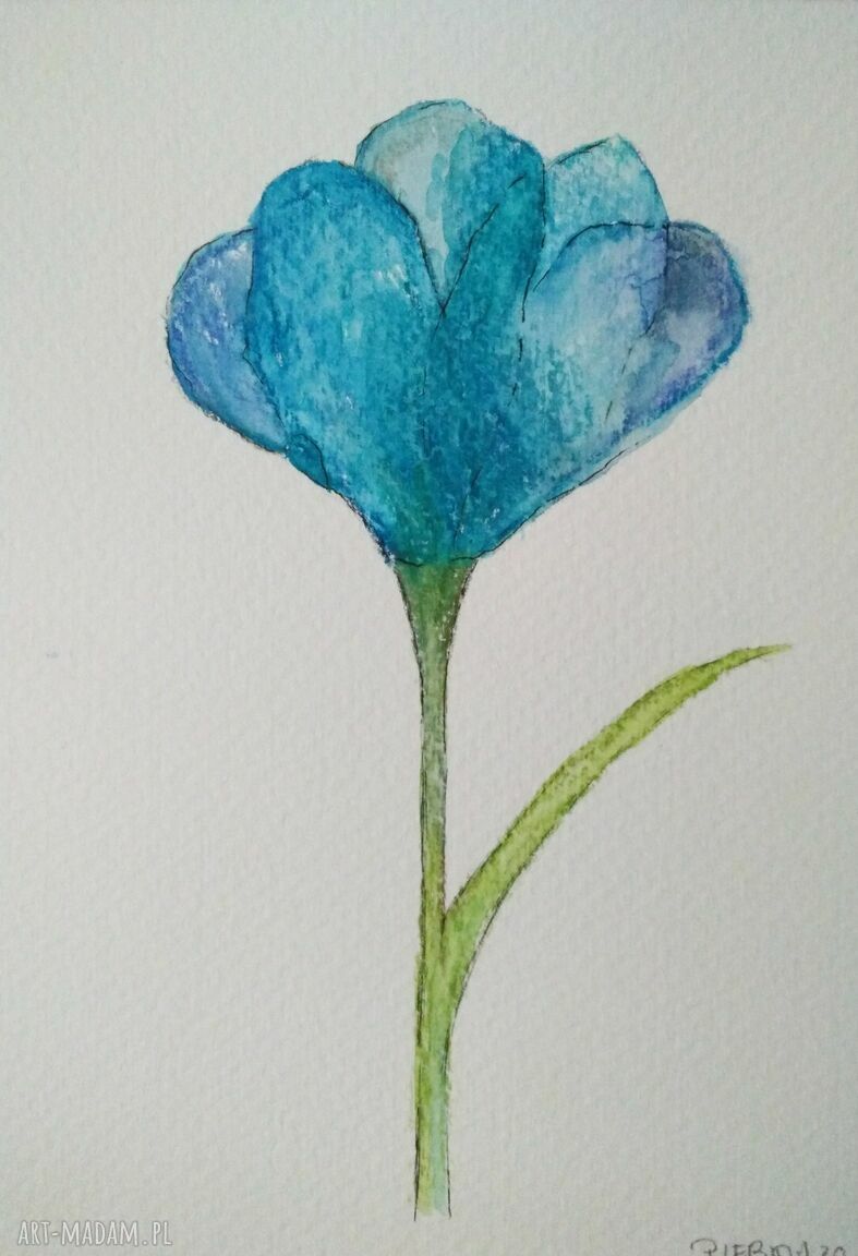Akwarela KWIATEK 12,5 x 18 cm - turkusowy obraz z akwareli