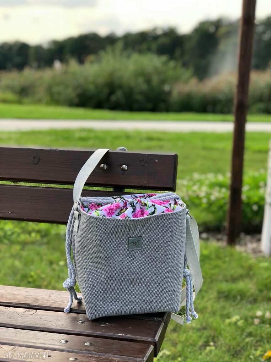 Torebka April Mini szara - piwonie na szarym tle na ramię (tote bag) - ręcznie szyta