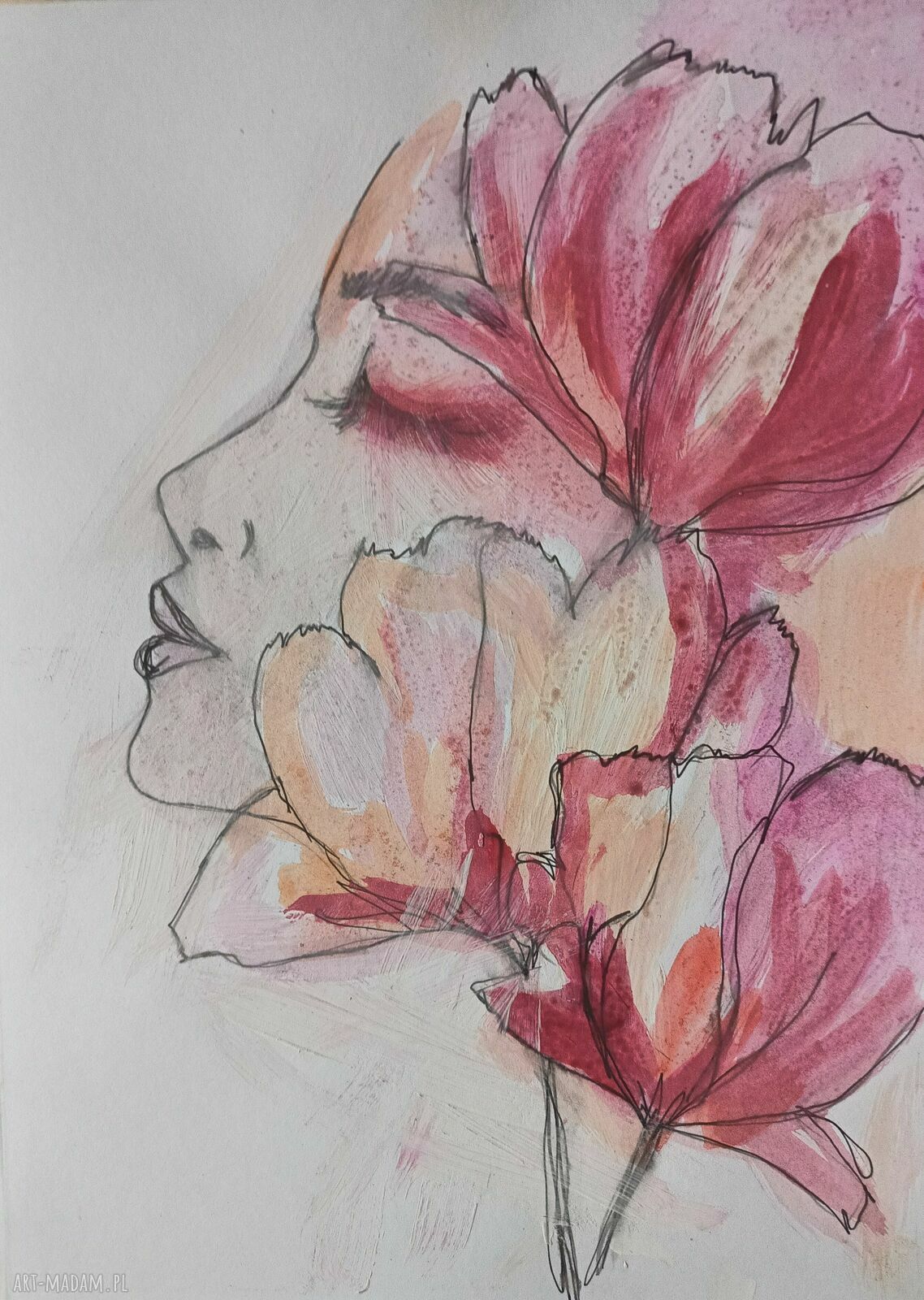 Kwiatowa wróżka - ręcznie malowana grafika w technice mixed media