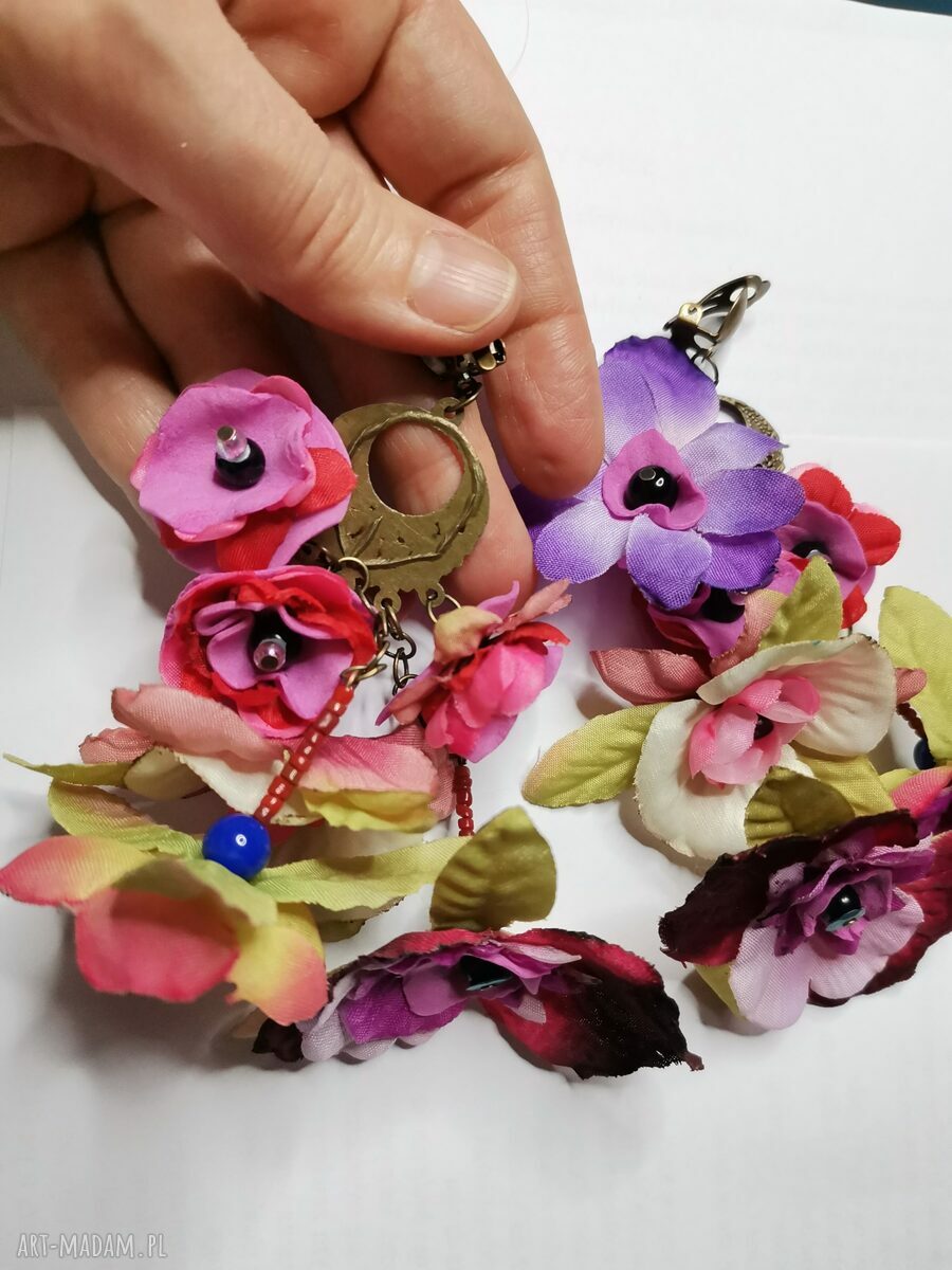 Kwiatowe klipsy boho Frida Kahlo - duże, bujne i kolorowe
