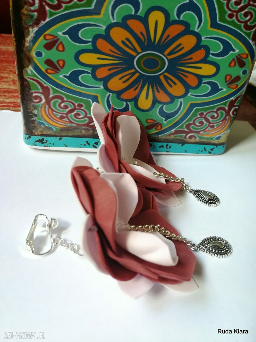 Klipsy kwiatowe boho etno folk - box kwiaty, bardzo lekkie (pojedynczy egzemplarz)