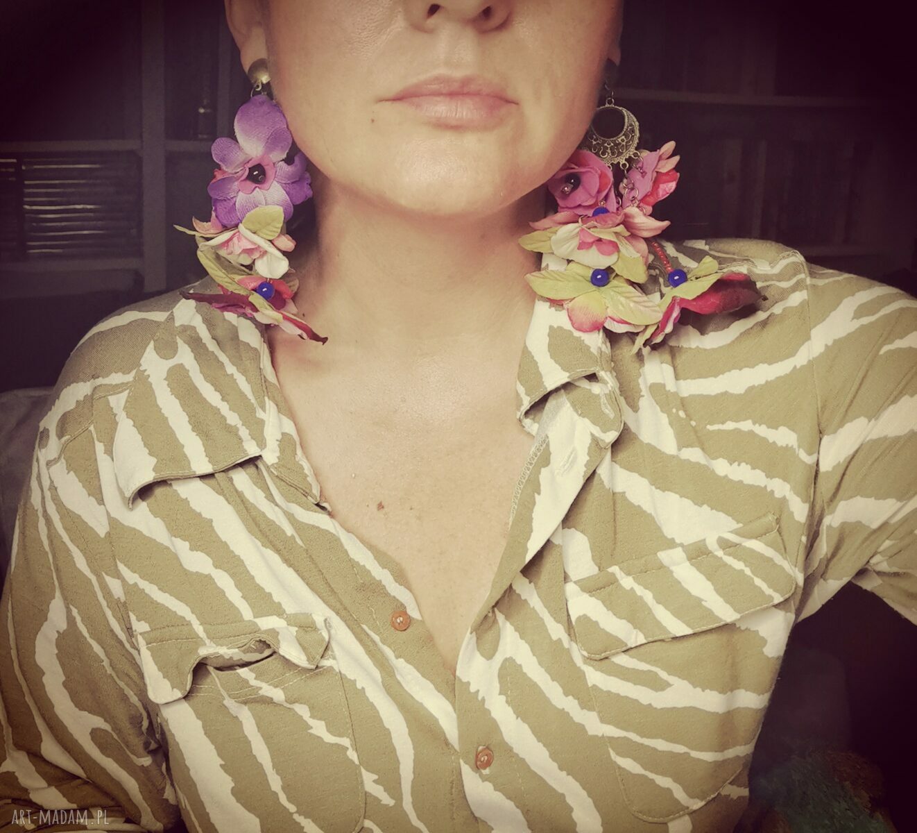 Kwiatowe klipsy boho Frida Kahlo - duże, bujne i kolorowe