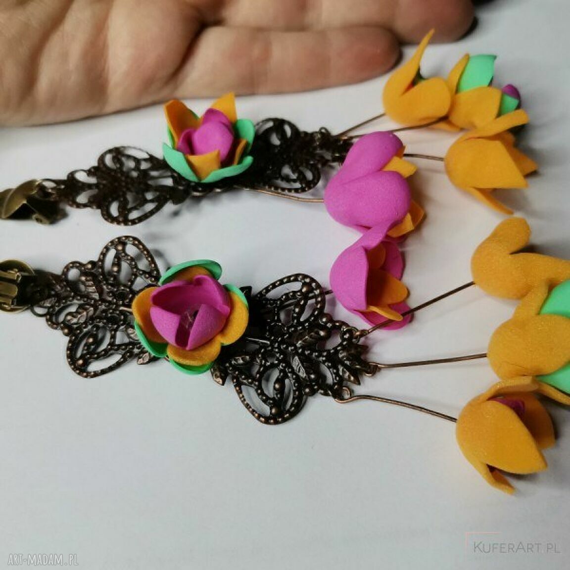 Klipsy kwiatowe ażurowe Boho - lekkie i kolorowe (Ruda Klara, handmade, box x1)