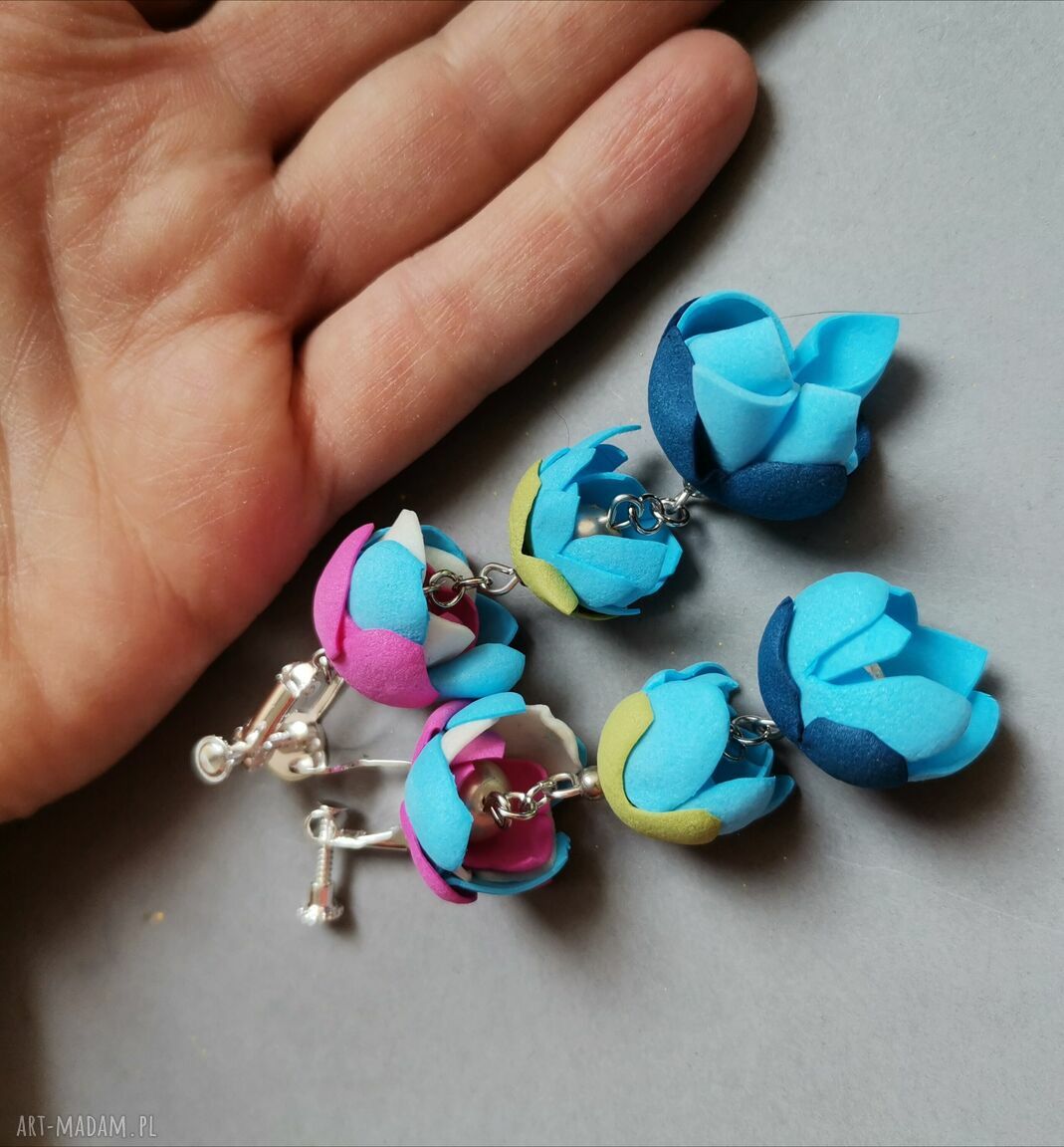 Orientalne, kwiatowe klipsy handmade - leciutkie boho i folk