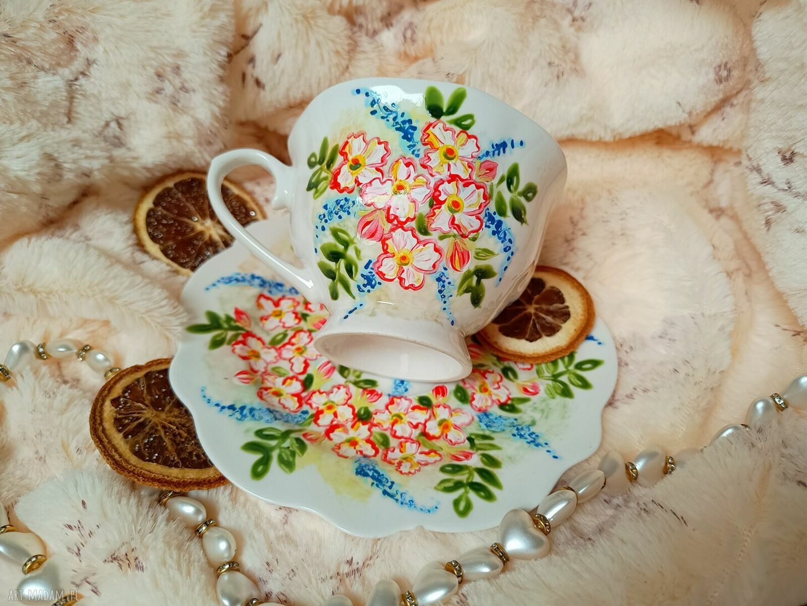 Kwiatowy komplet ręcznie malowany 200 ml - porcelana w kwiatach