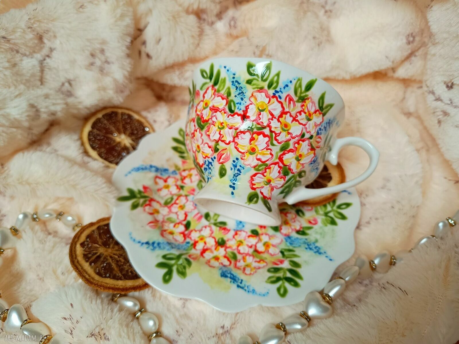Kwiatowy komplet ręcznie malowany 200 ml - porcelana w kwiatach