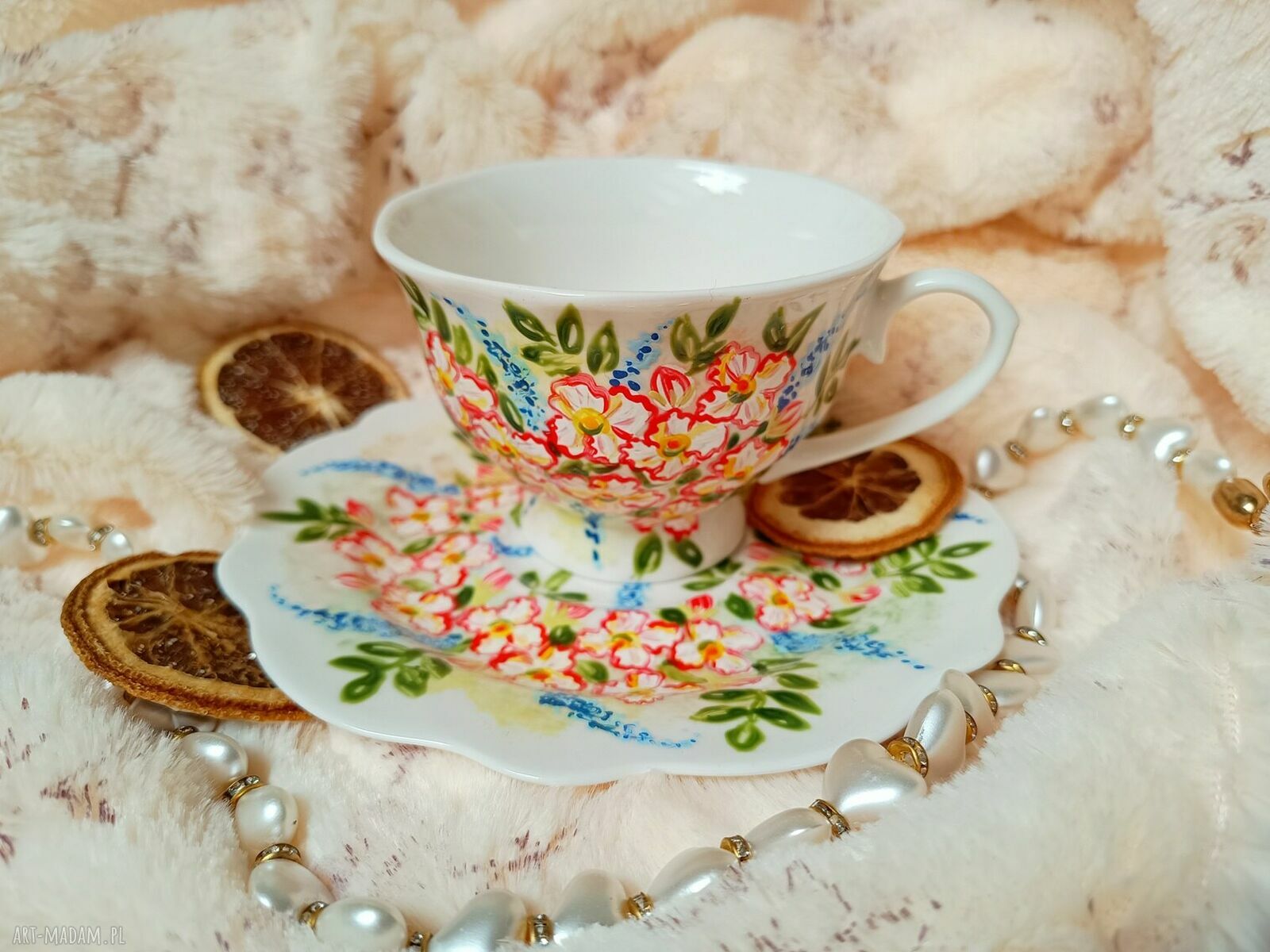 Kwiatowy komplet ręcznie malowany 200 ml - porcelana w kwiatach