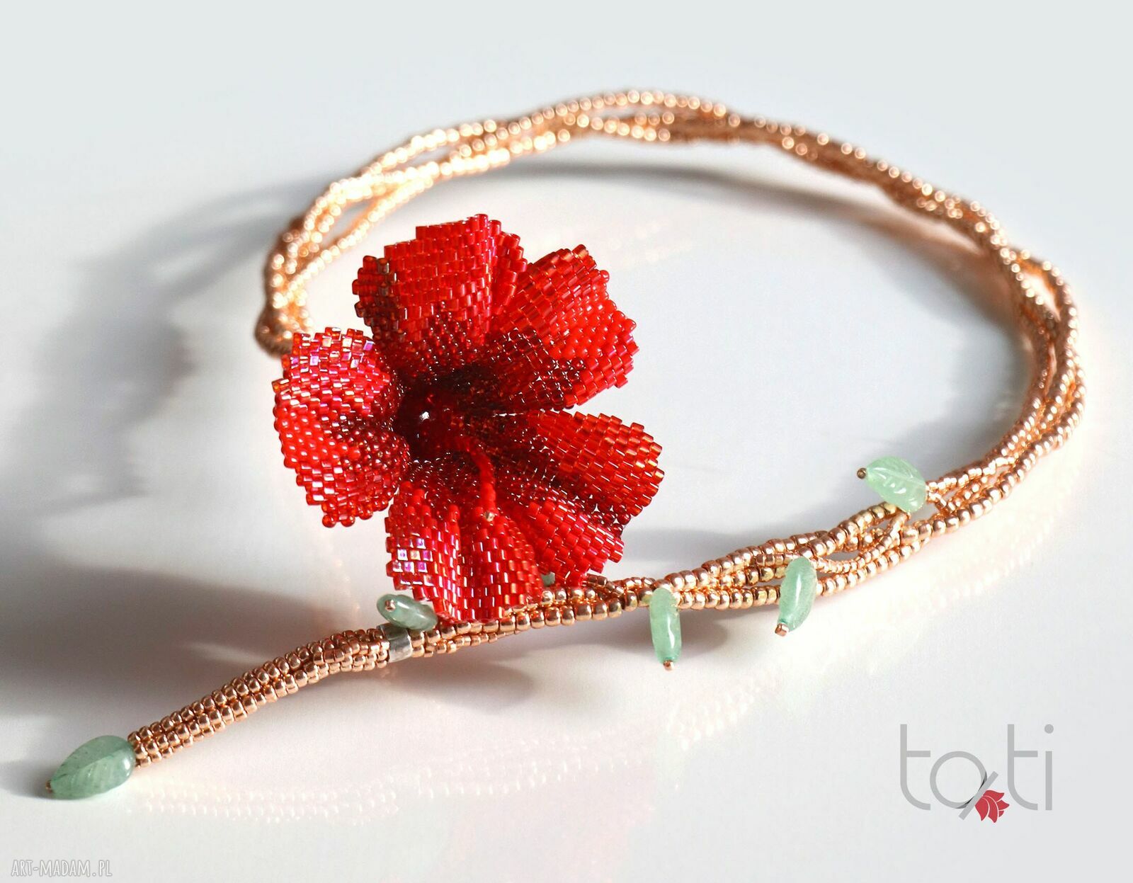 Czerwony naszyjnik Hibiskus z japońskich koralików - boho kolia z awenturynu