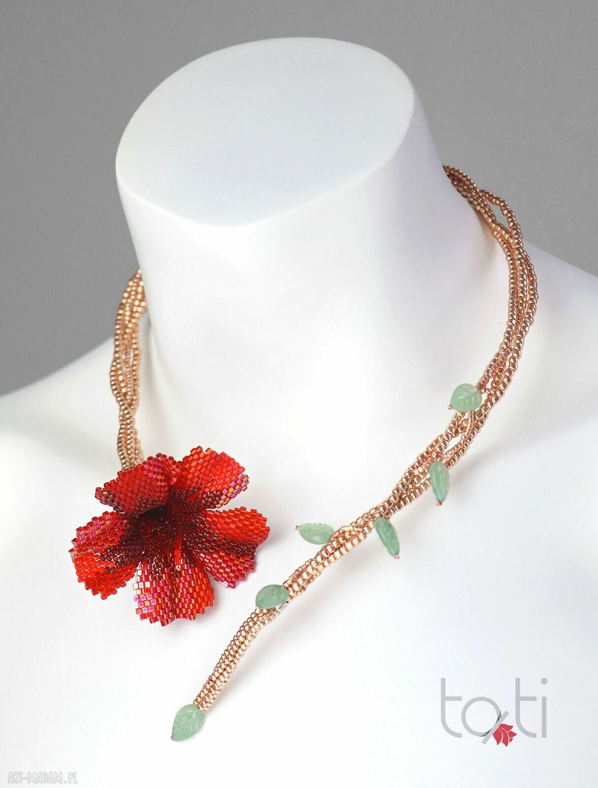 Czerwony naszyjnik Hibiskus z japońskich koralików - boho kolia z awenturynu