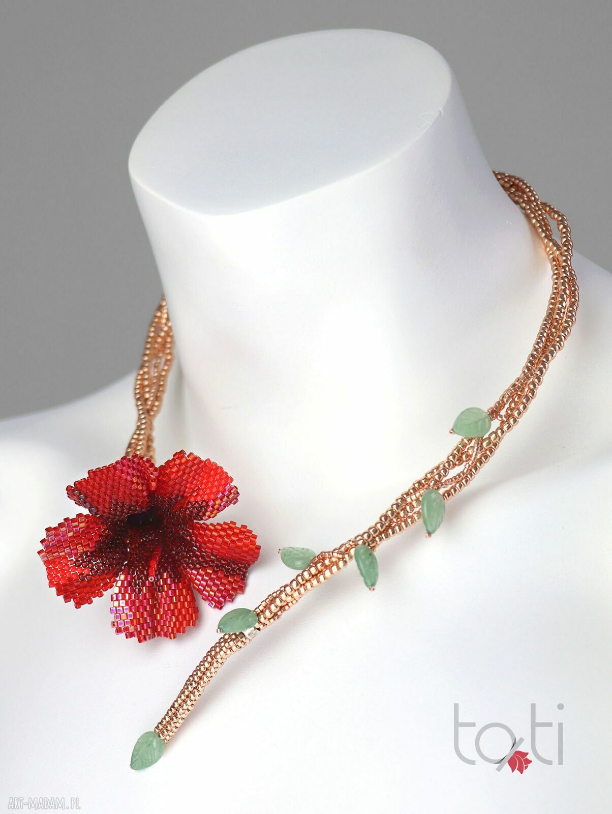 Czerwony naszyjnik Hibiskus z japońskich koralików - boho kolia z awenturynu