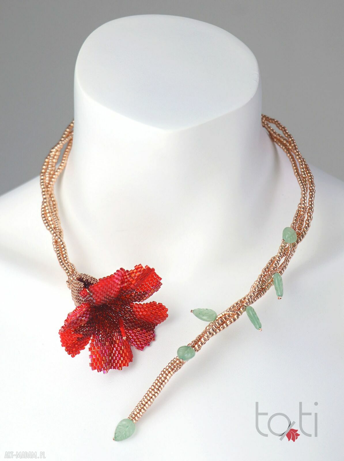 Czerwony naszyjnik Hibiskus z japońskich koralików - boho kolia z awenturynu