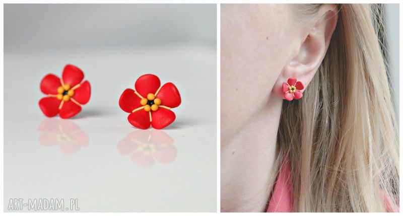 Kwiatuszki Niezapominajki kolczyki wkrętki handmade z modeliny Fimo