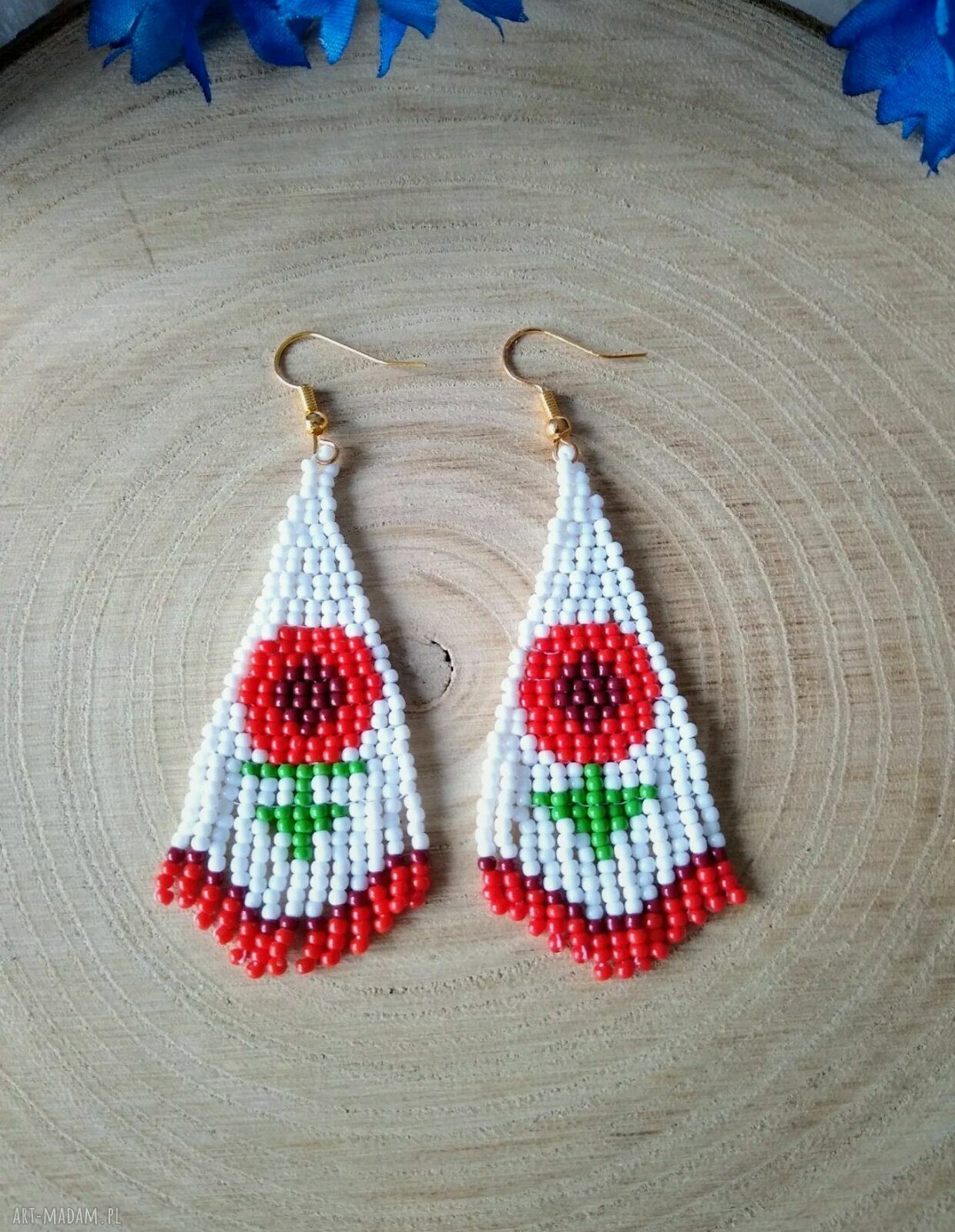 Kolczyki kwiatuszki z koralików - czerwone kwiaty, ręcznie robione