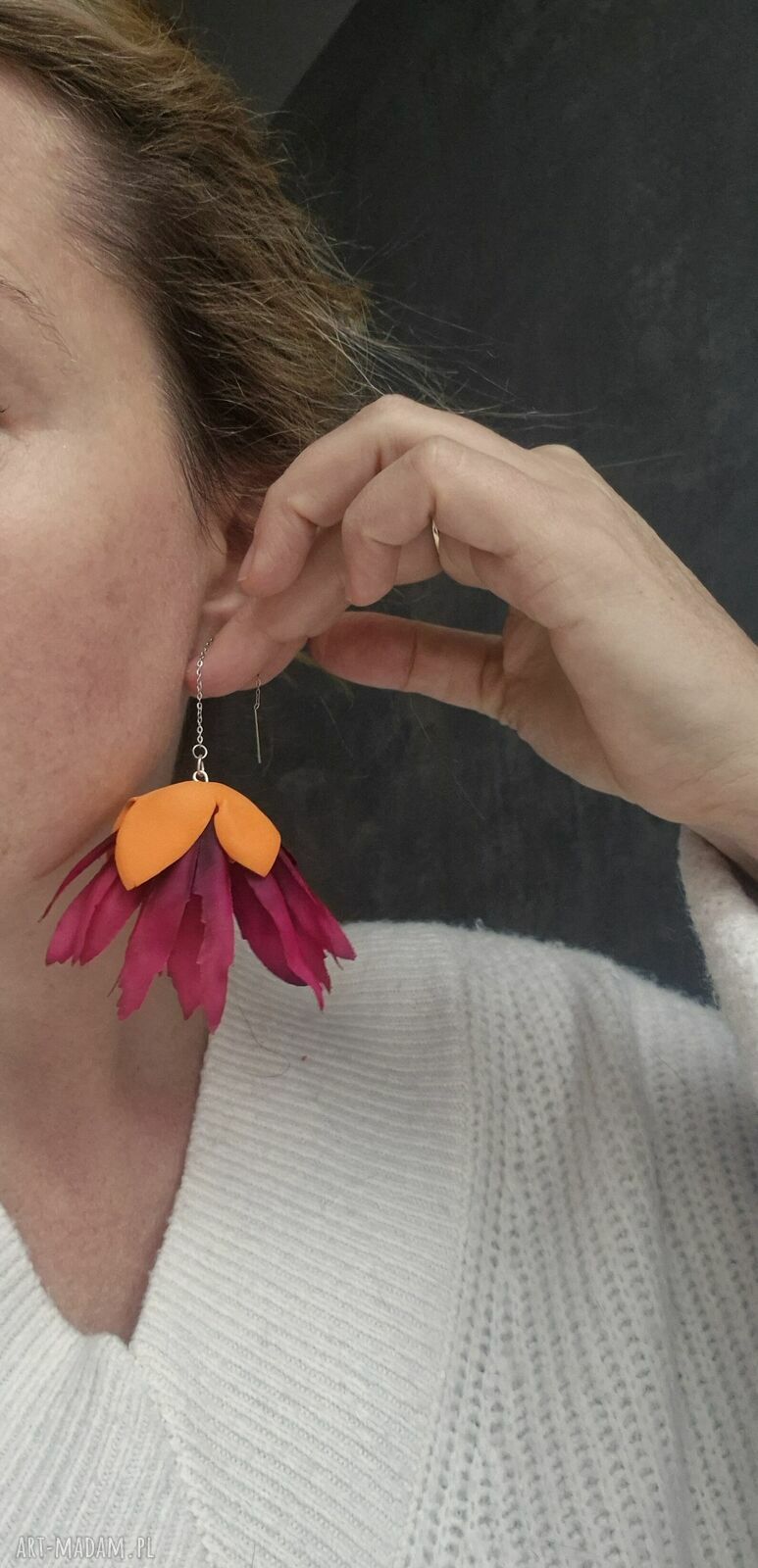 Kolczyki kwiaty boho pomarańczowo bordowe - lekkie wiszące