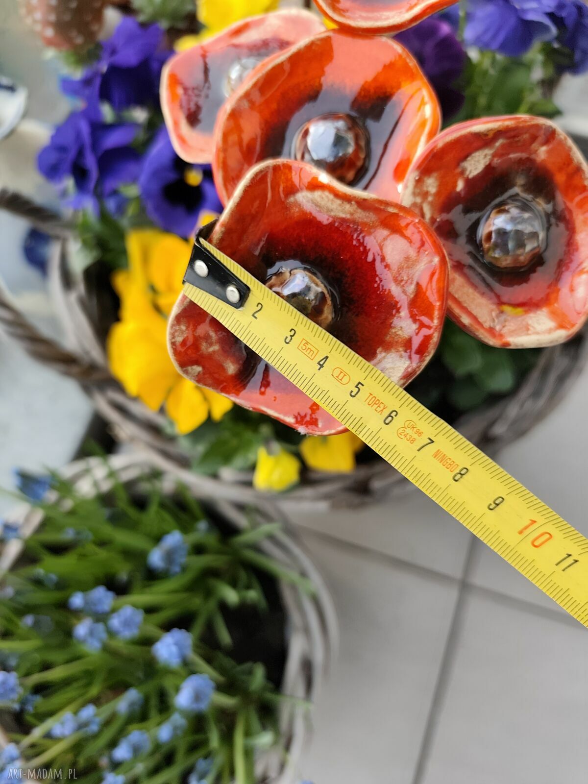 Kwiaty ceramiczne 5 sztuk - ręcznie szkliwione na druciku florystycznym