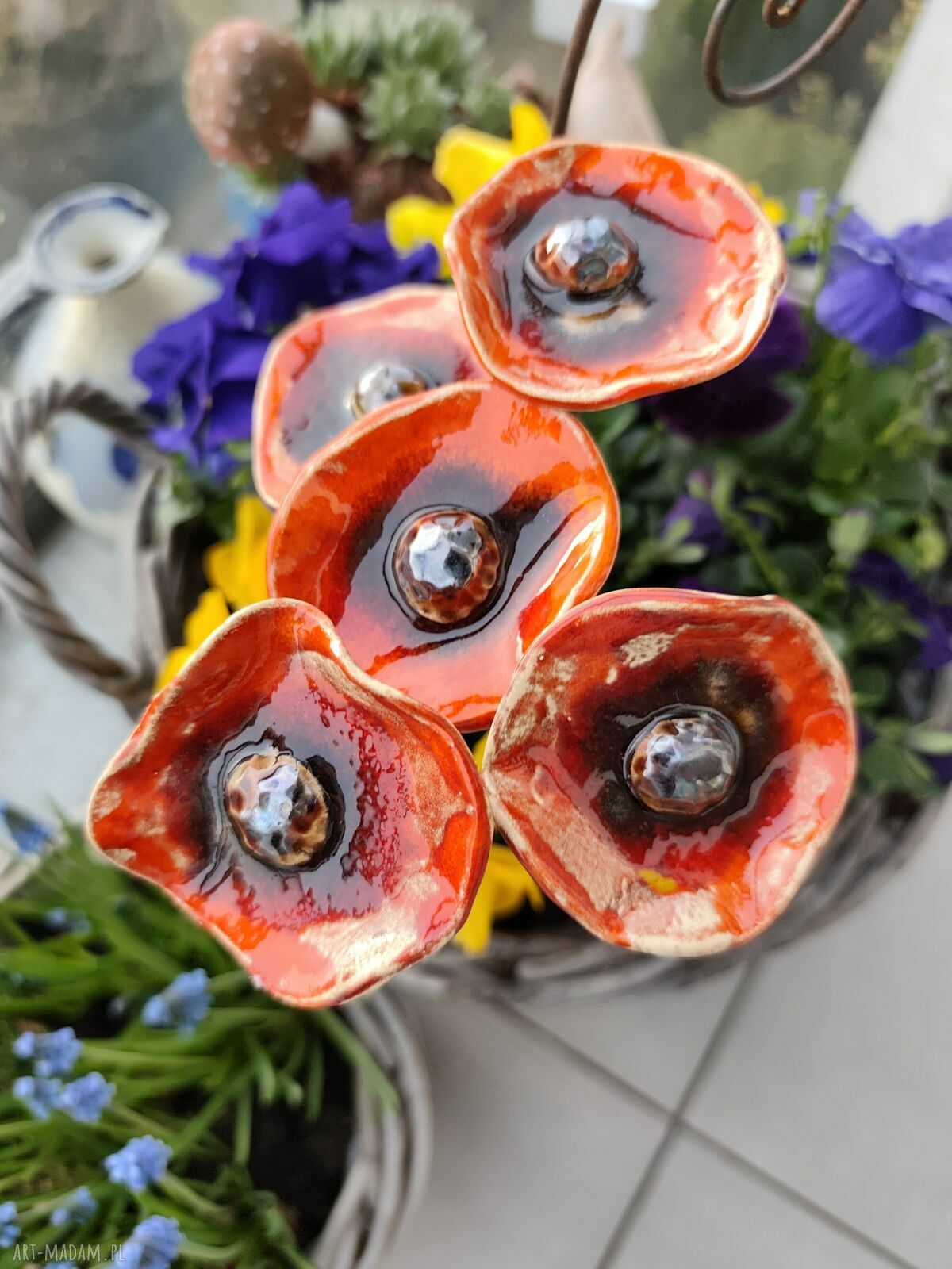 Kwiaty ceramiczne 5 sztuk - ręcznie szkliwione na druciku florystycznym