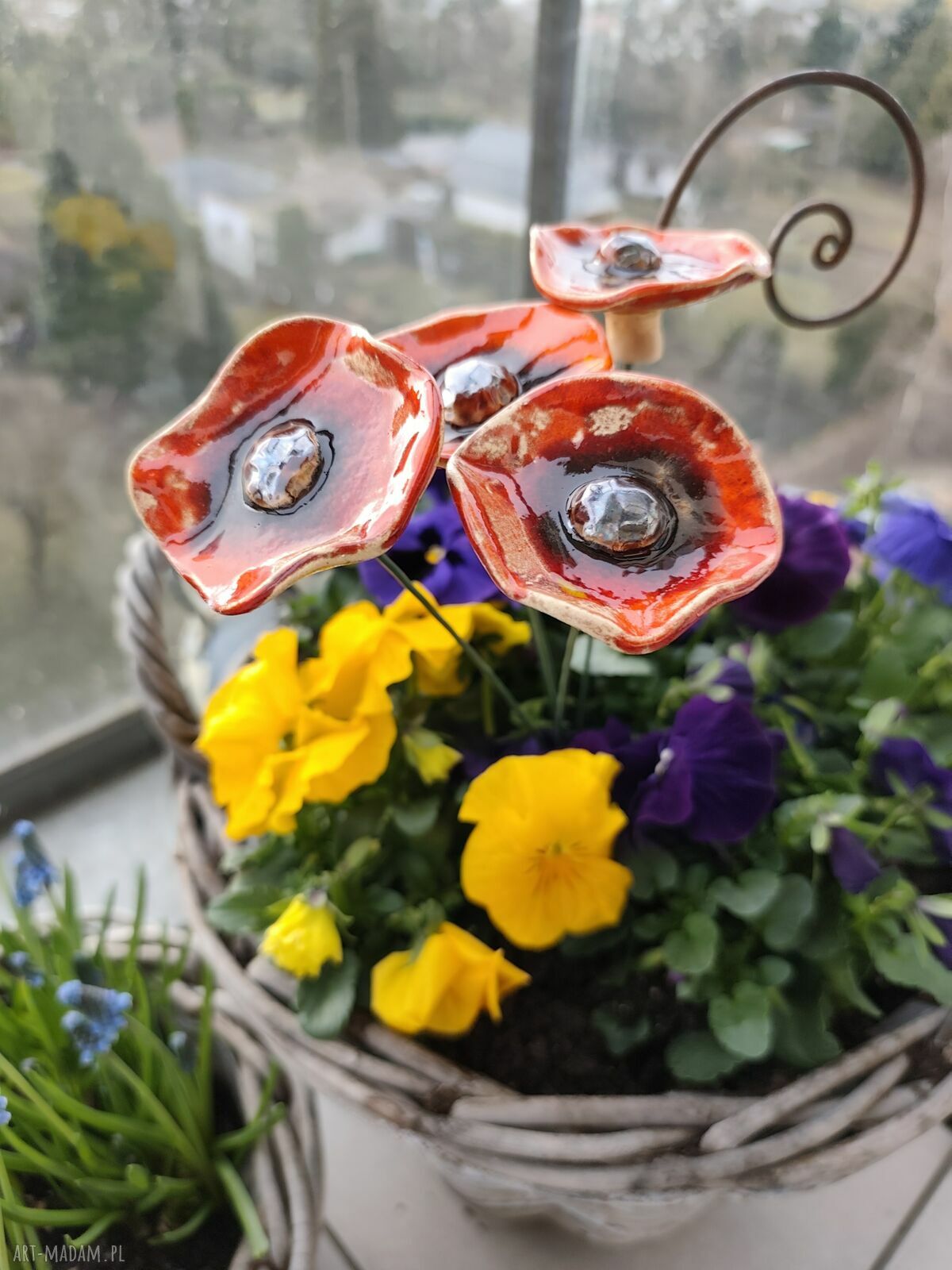 Kwiaty ceramiczne 5 sztuk - ręcznie szkliwione na druciku florystycznym