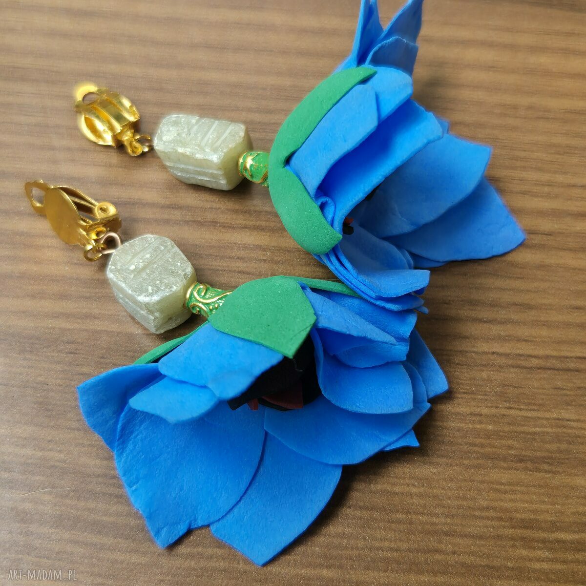 Klipsy Boho Frida: turkusowe kwiaty - ręcznie robione