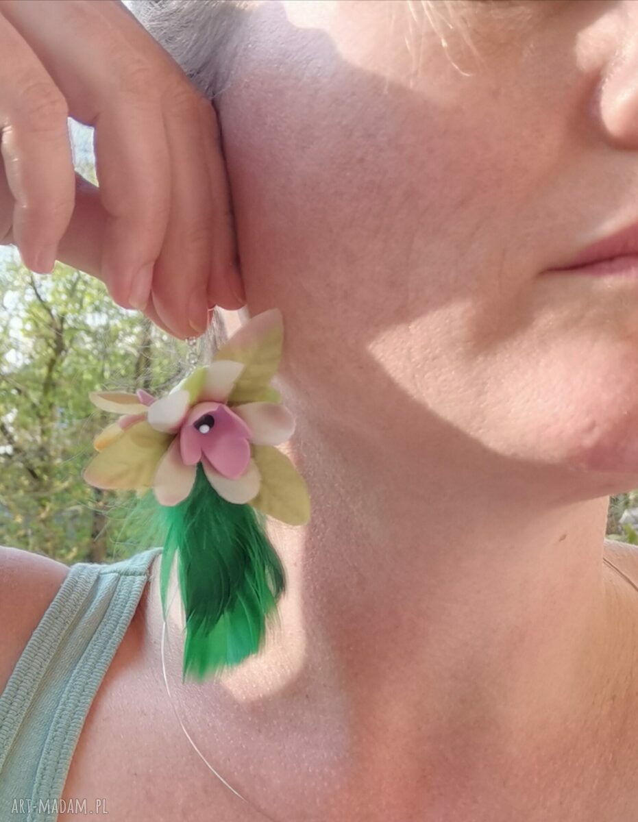 Kolczyki kwiaty i pióra boho - etno folk Ruda Klara